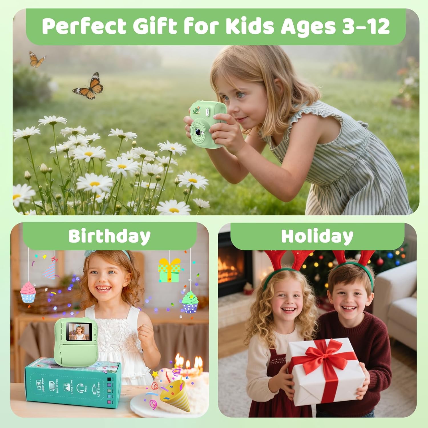 Instant Print Camera for Kids,Christmas Birthday Gifts for 3 4 5 6 7 8 9 10 11 12 Year Old Boys Girls,Toddler Digital Video Camcorder Cameras, Best 1080P HD Selfie Toy with 32GB SD Card