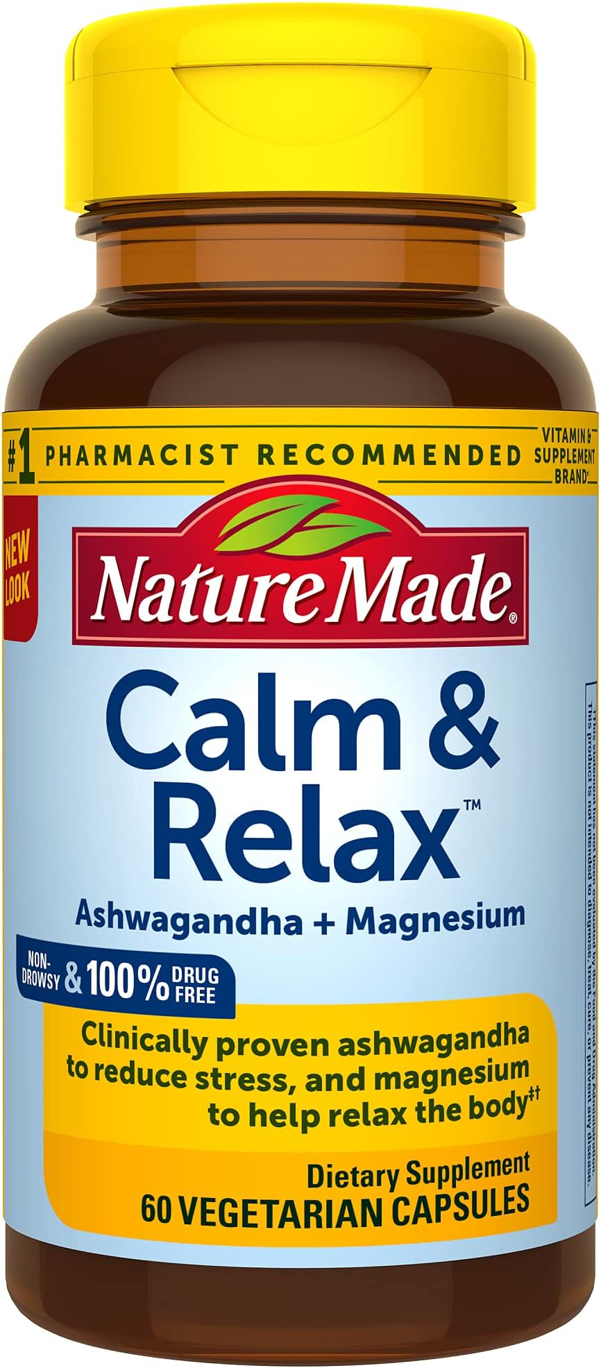 Nature Made Calm & Relax with 300mg Magnesium and 125mg Ashwagandha for Stress Relief, 60 Veggie Capsules