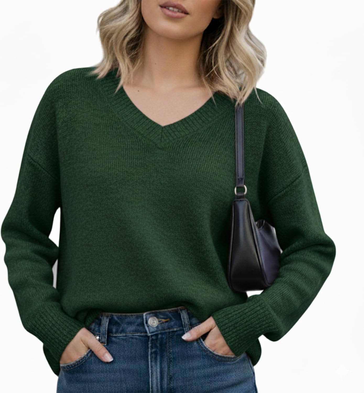 Women’s V-Neck Knit Sweater Long Sleeve Pullover Ribble Hem and Cuffs Elegant Knitwear Top for Fall Winter