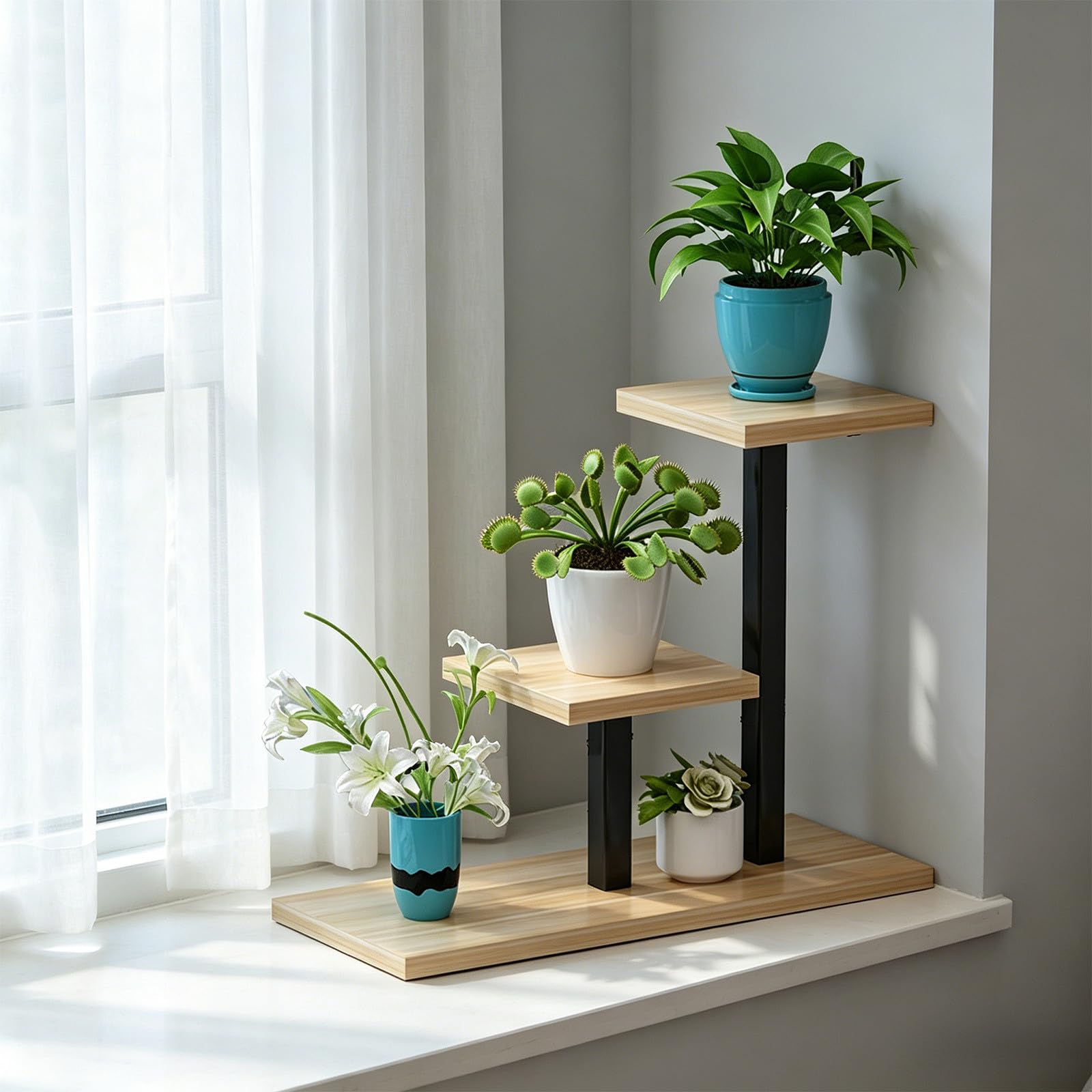 Soporte esquinero de madera de 3 niveles para plantas, ideal para colocar