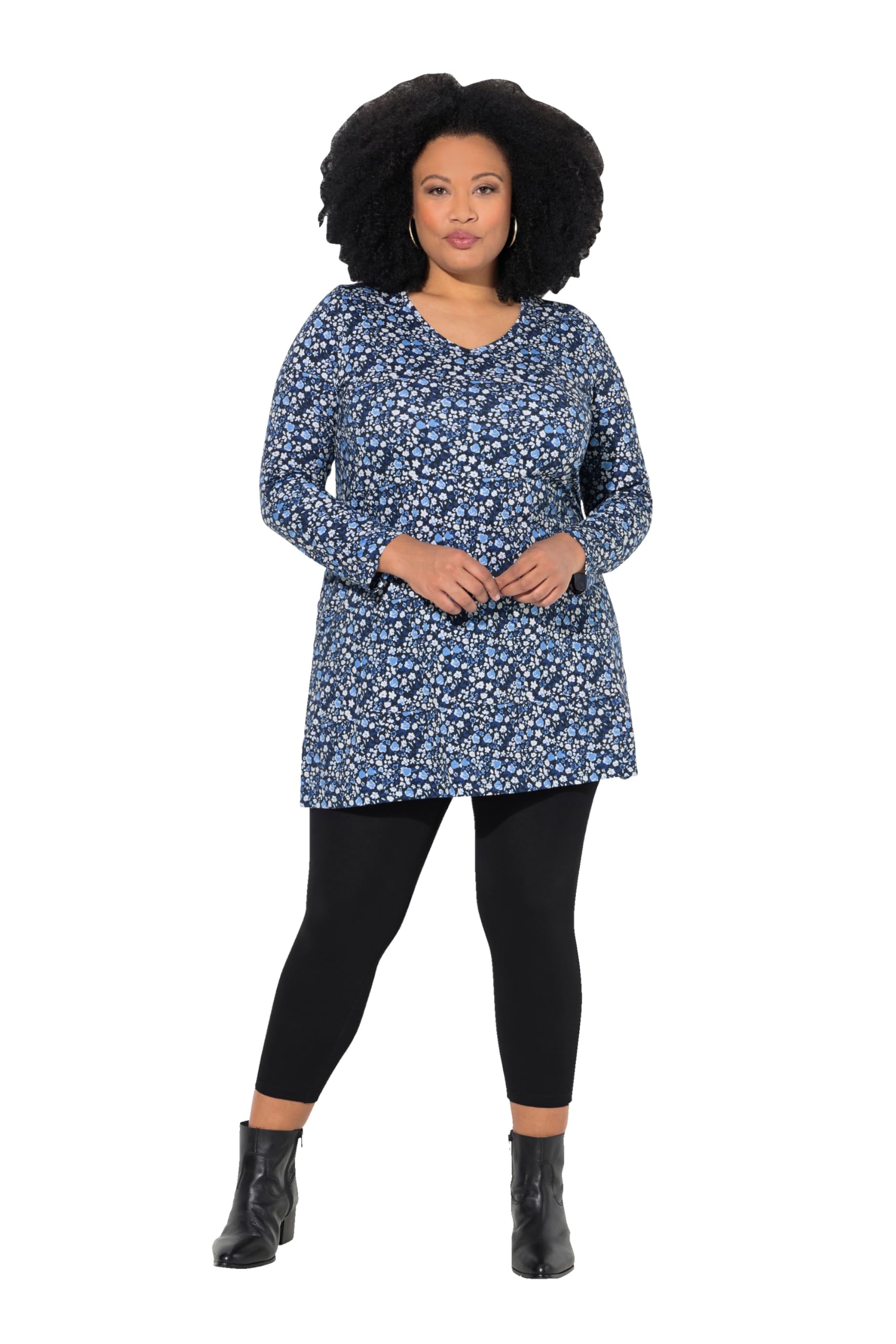 Ulla Popken Damen große Größen Übergrößen Plus Size Longshirt, Gemustert, A-Linie, V-Ausschnitt, Langarm 834236