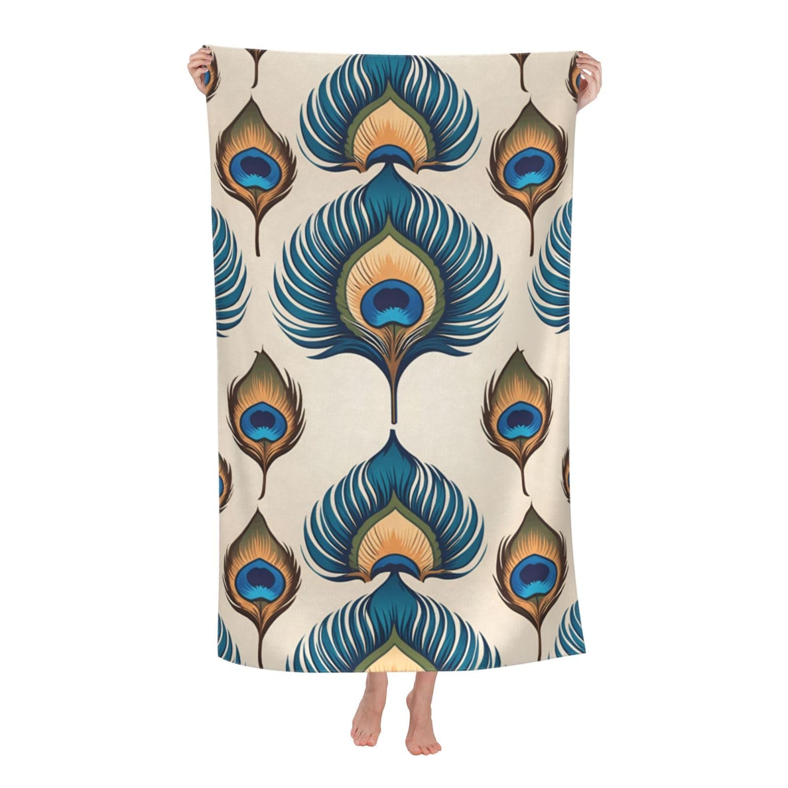 Pojknbv White Peacock Feather Print Oversized Adult Beach Towel Quick-Dry Comfortable Lightweight Travel Pool Camping