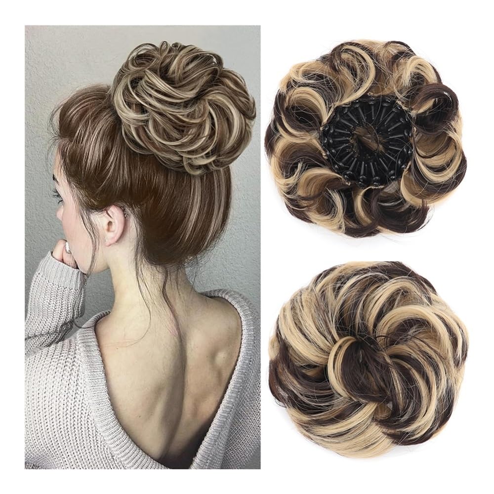 Hair Buns, Synthetic Messy Bun Extensions,Fluffy Chignon, Bird's Nest Design, Retractable Wavy Hairpieces For Women(Light brown)