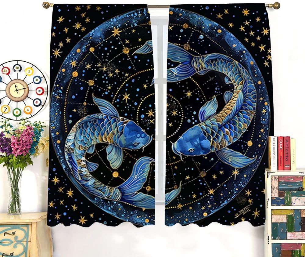 Fantasy Galaxy Japanese Fish Unique Multi-Size Rod Threading Curtains Watercolor Outer Space Stars Yin Yang Theme Soft Blackout Curtains for Bedroom, Living Room 2 Panels 63" L x 21" W