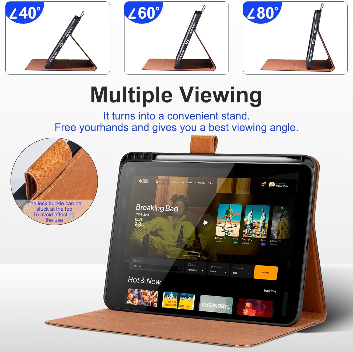 Genuine Leather iPad Case for iPad Pro 11 inch (M4) 2024 / (M5) 2025,Leather Folio Cover with Apple Pencil Holder, Auto Wake/Sleep, Adjustable Stand, Magnetic Closure,Light Brown