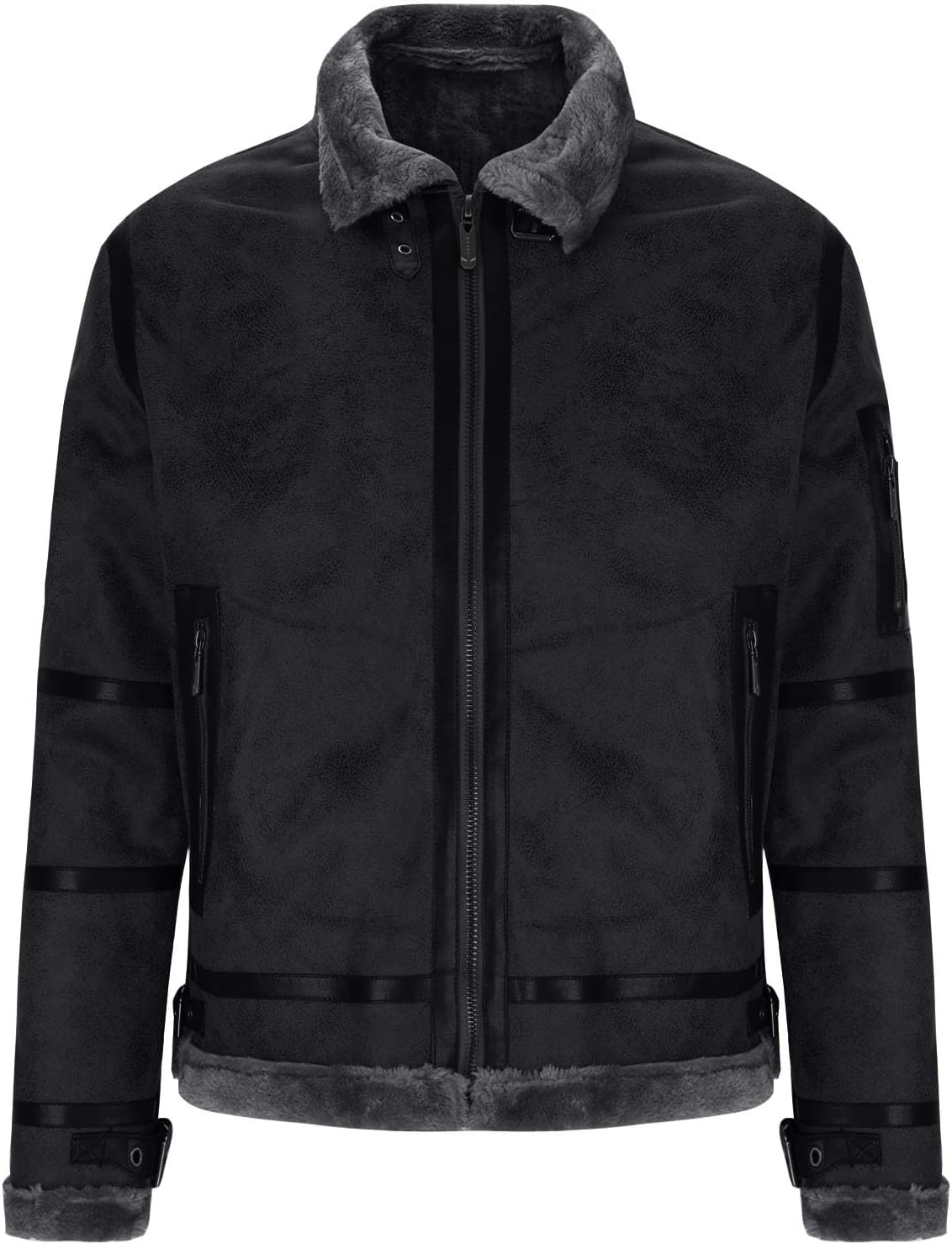 XUNRYAN Mens Sherpa Suede Faux-Leather Bomber Jackets Motorcycle Zip Up Aviator Fleece Jacket Winter Warm Coat Zipper Pockets