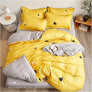 AmDxD Prześcieradło, poszwa na kołdrę i poszewki na poduszki z poliestru w kolorze czarnym w kształcie serca 4 szt. prześcieradła z gumką, zestaw pościeli żółty