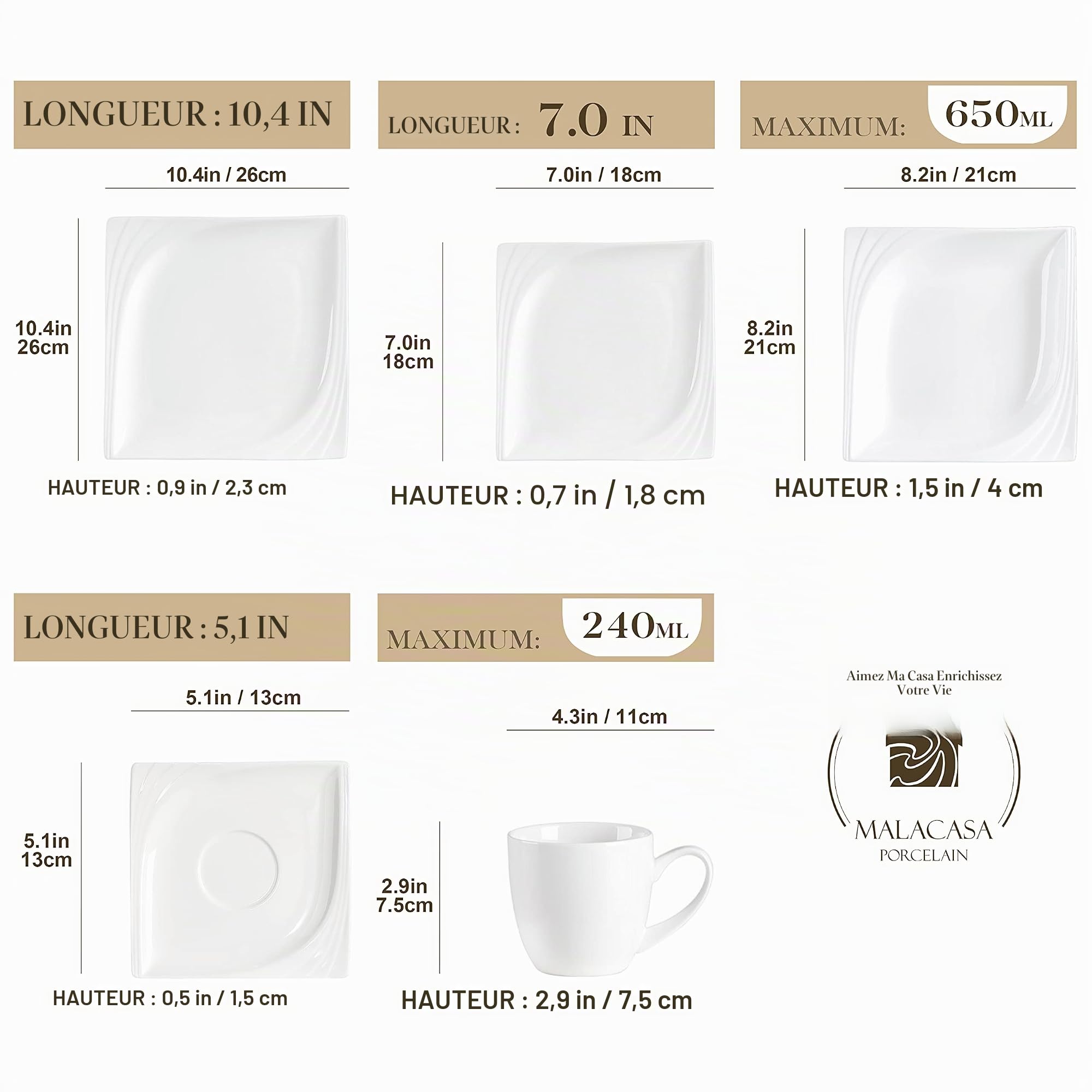 MALACASA Service de table carré en porcelaine 30 pièces pour 6 personnes avec 6 tasses, 6 assiettes, 6 assiettes à dessert, 6 assiettes creuses, 6 assiettes plates, collection Monica