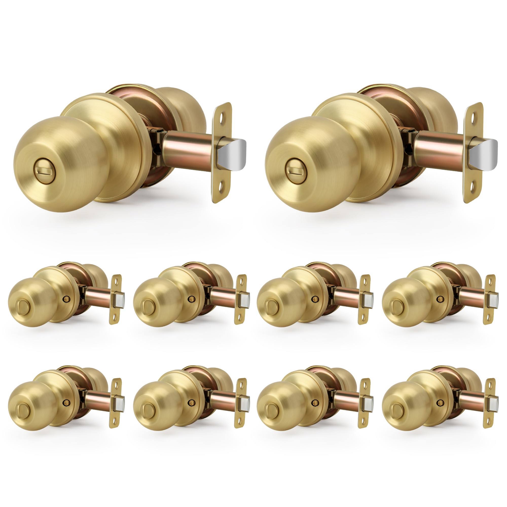 LOQRON Brushed Gold 10 Pack Wholesale Ball Design Door Knob with Lock, Privacy Round Shaped Keyless Doorknob for Bathroom/Bedroom, Satin Brass Finish