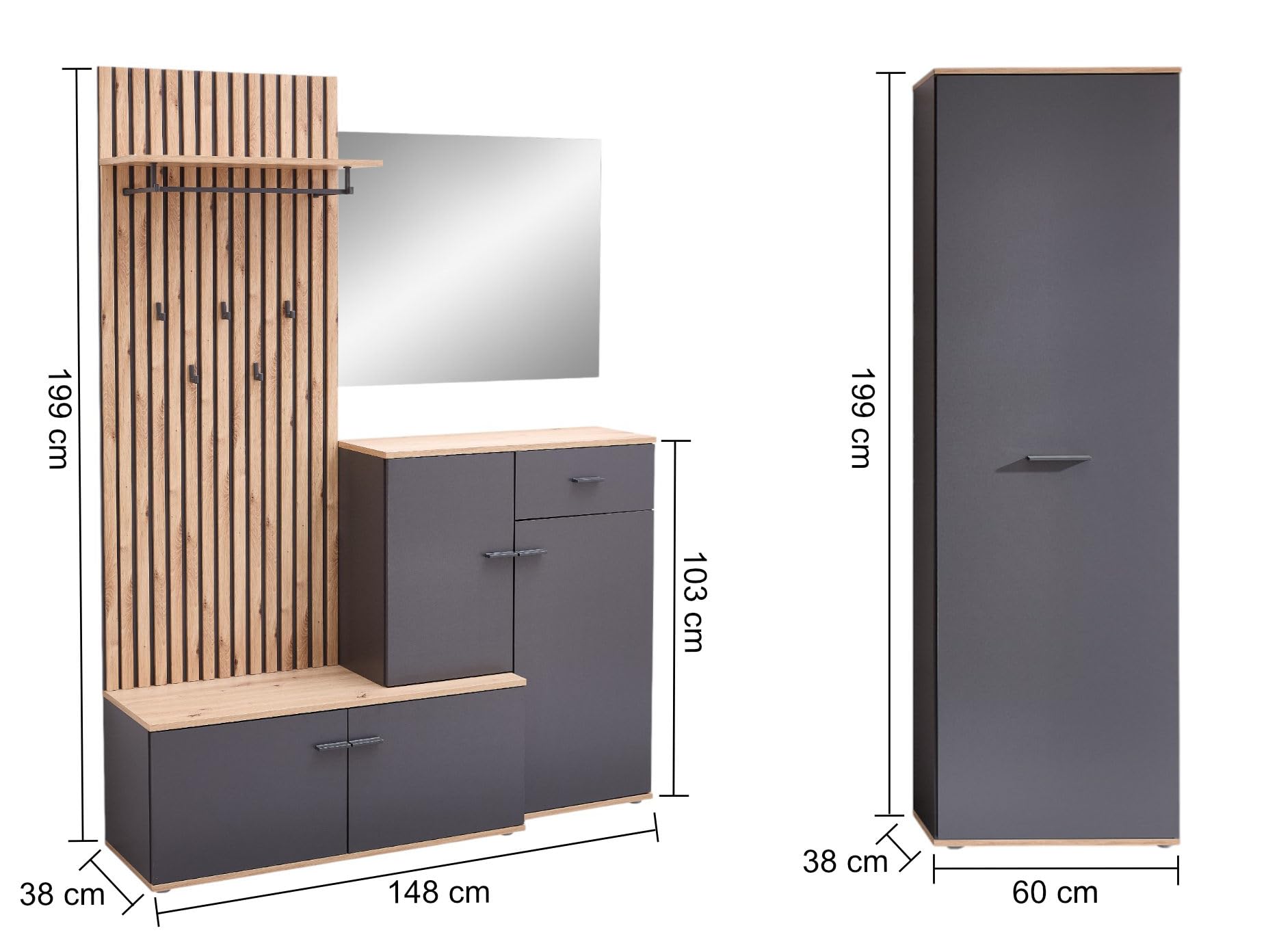 Garderoben-Set Como anthrazit/Artisan Eiche Nb. Flurgarderobe Wandgarderobe Paneel + Schuhschrank + Spiegel optional mit Hochschrank