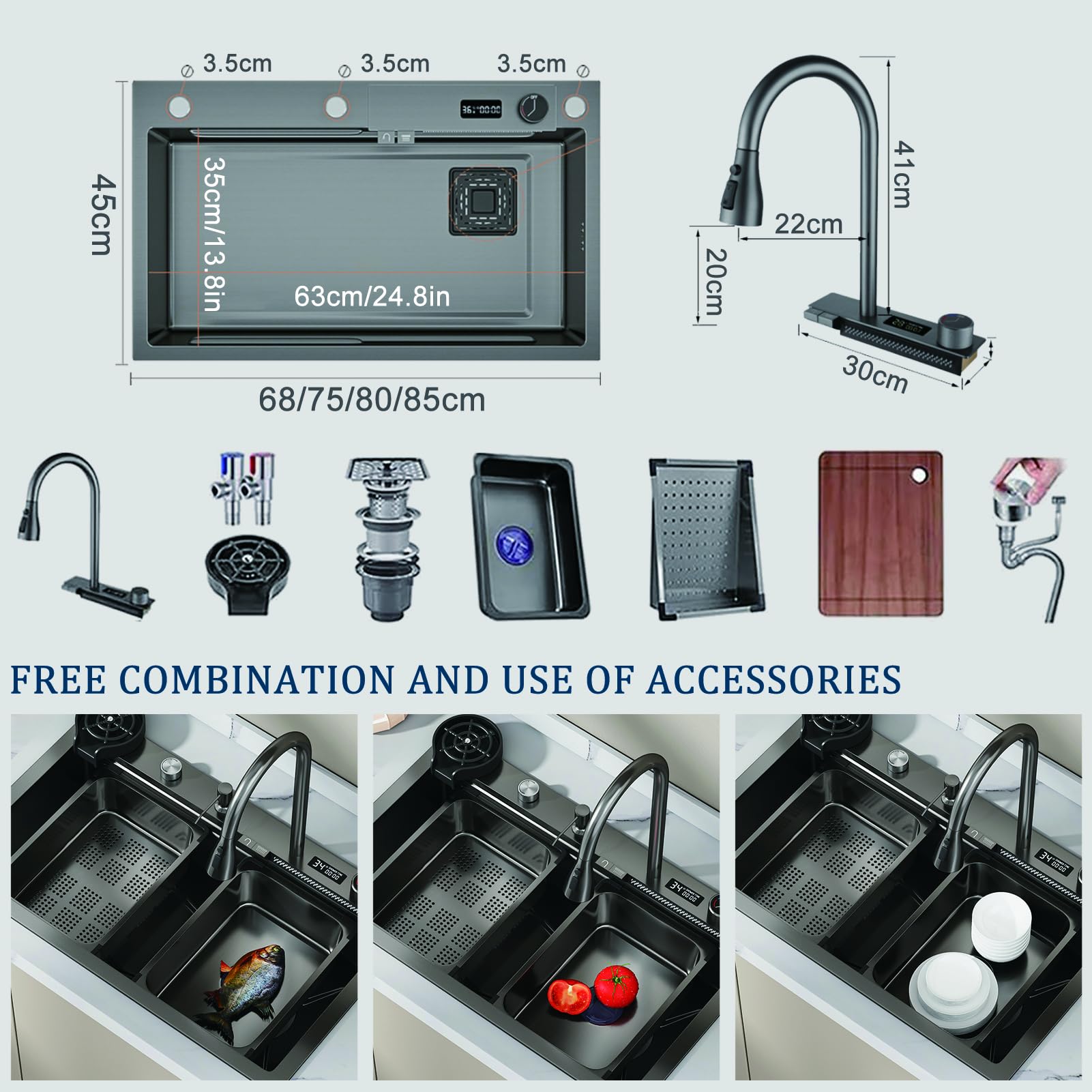 Fregadero de Cocina de 75x45cm, Moderno fregadero en cascada 1 seno, lavadero cocina en acero inoxidable, Fregadero Multifuncional con Grifo, Escurridor, Sifón y Kit de Rebosadero