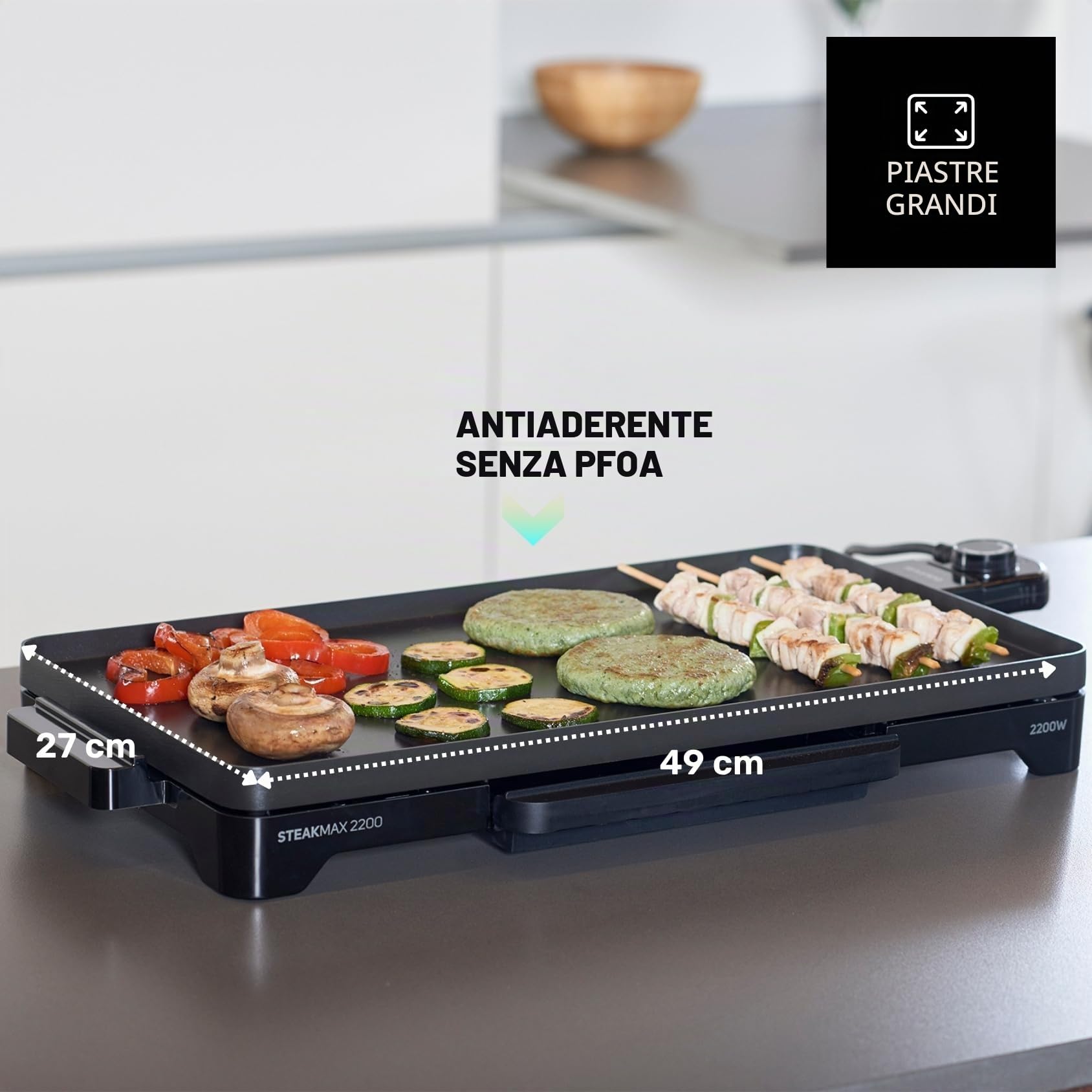 Taurus - piastra elettrica 2200W | superficie 49x27 cm | rivestimento antiaderente senza PFOA | temperatura regolabile | maniglie fredde | vaschetta raccogli grassi | 4-6 persone