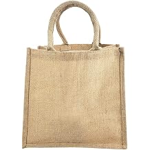 TBF Jute Burlap Tote Bags Soft Cotton Handles Laminated Interior Reusable Grocery Shopping Bags w/Full Gusset Bags Pack of 6, Medium - 12" x 12" x 7.75"