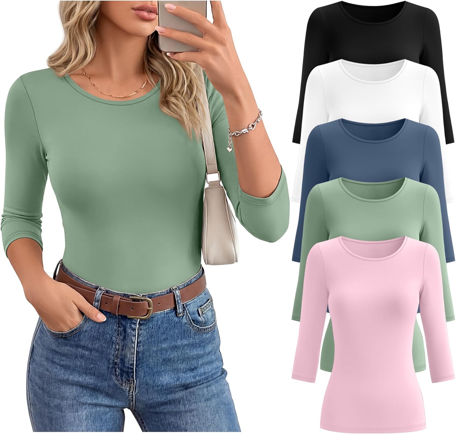 Huukeay 5 Pack Women's Elbow Sleeve Tops 3/4 Sleeve Round Neck T-Shirt Slim Fit Casual Stretchy Tunic Basic Tees Bulk