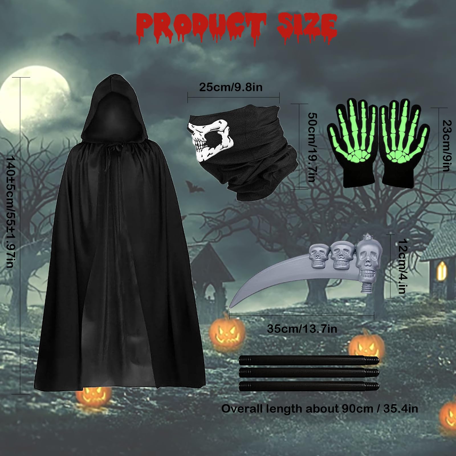 IKIJM Costumi Halloween, Mantello con cappuccio del Mietitore + Falce+Maschera Teschio+Guanti Scheletro, Adulto Costume di Halloween Capo Masquerade Halloween Fantasma Up Party