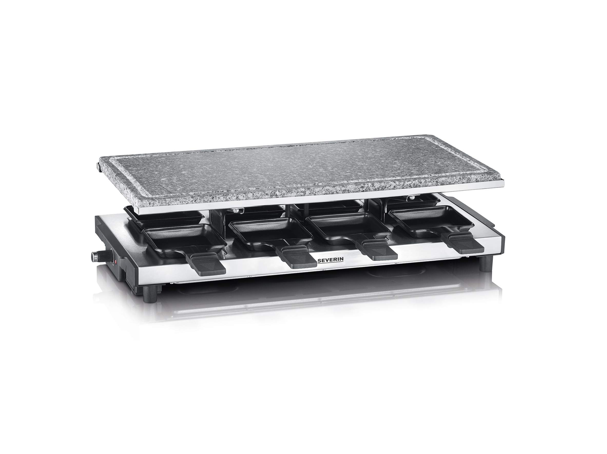 SEVERIN RG 2374, Grill Raclette XXL con Pietra Naturale, Raclette 8 persone con Padelline Antiaderenti, Area di Cottura 48.5 x 24 cm, Controllo della Temperatura, 1700 Watt