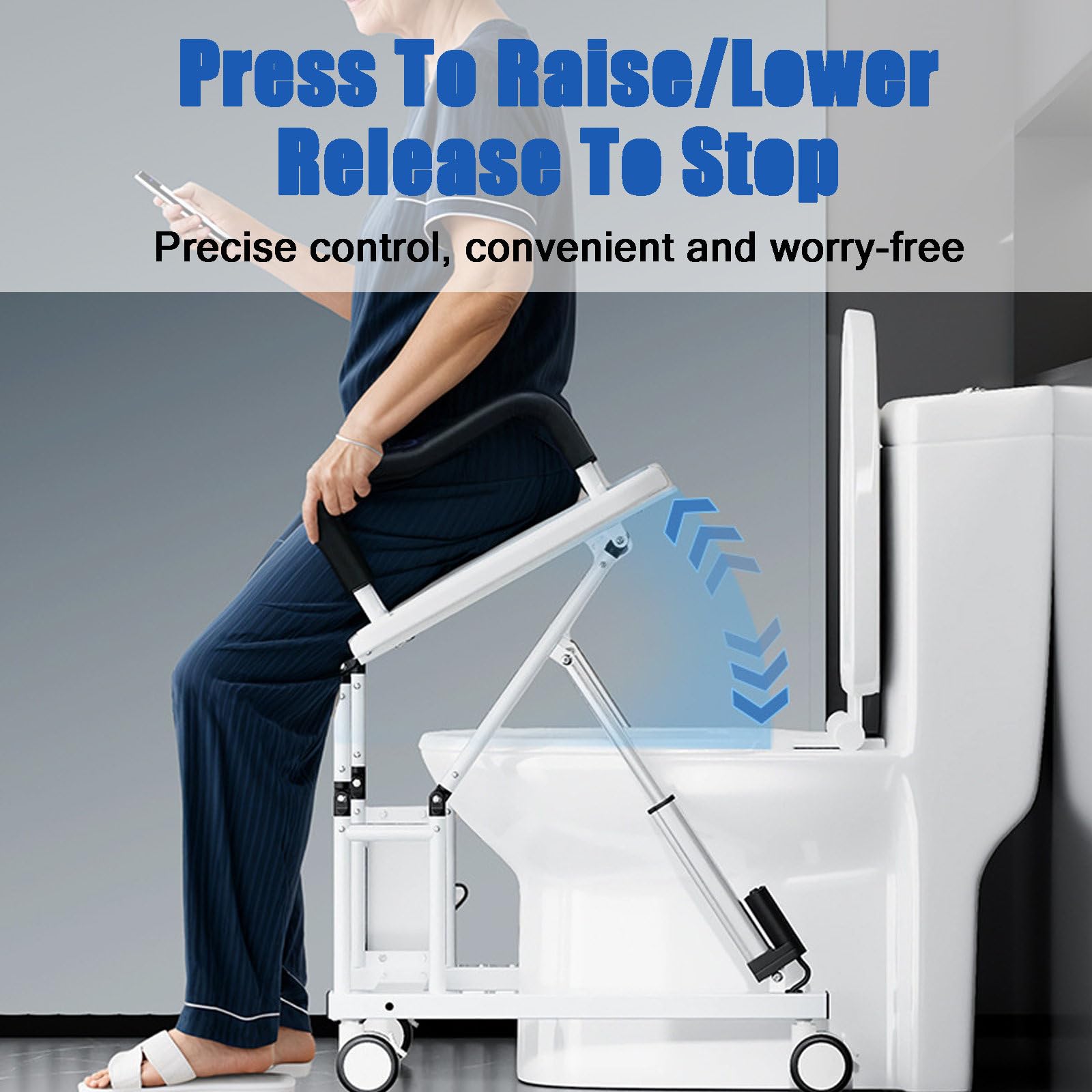 Sollevatore Elettrico per Sedia Da WC con Doppio Braccioli Antiscivolo e Ruote Universali a 360° con Maniglie, Angolo Di Sollevamento Ergonomico Di 29°, per Anziani