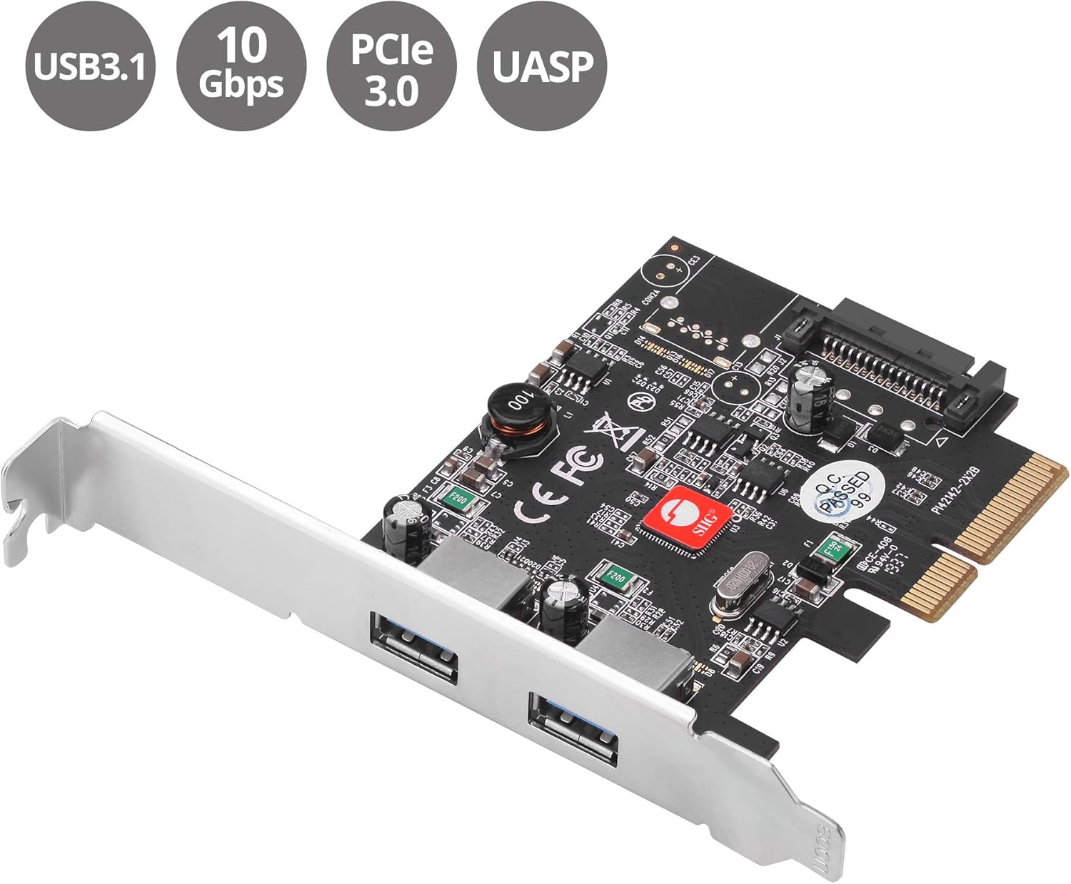 SIIG 2-Port USB 3.1 PCIe Card, PCIe 3.0 x4 to Two USB 3.1 Gen 2 Type-A, 10Gbps & 5V/900mA per Port, UASP, Over-Current Protection, Asmedia ASM3142 Chipset, Dual-Profile Brackets (JU-P20912-S2)