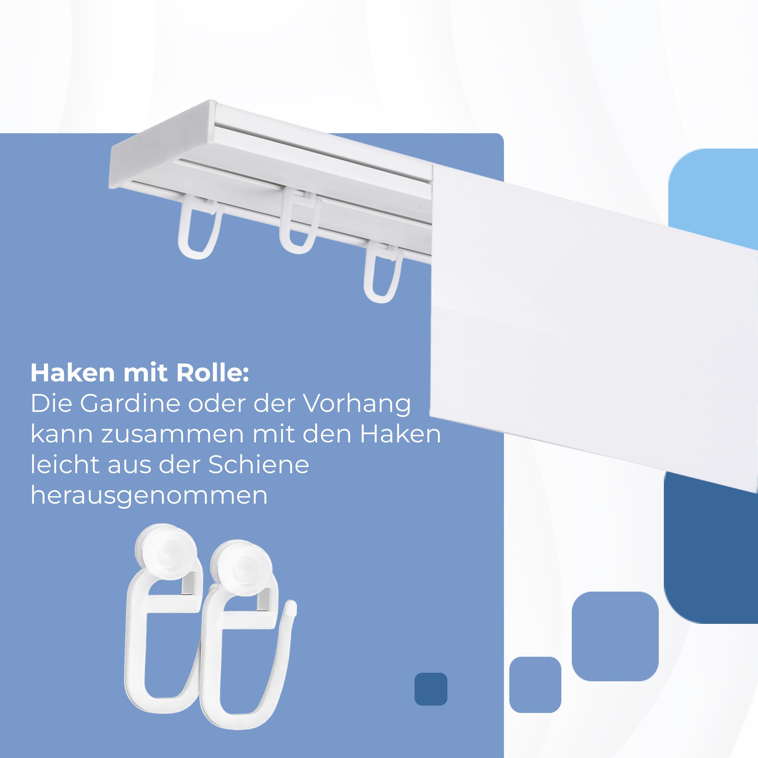 Gardinenschiene mit Blende 9 cm 2-läufig – PVC Vorhangschiene zur Deckenmontage, Deckenschiene für Vorhänge, Weiß, mit Haken mit Rolle, 500 cm