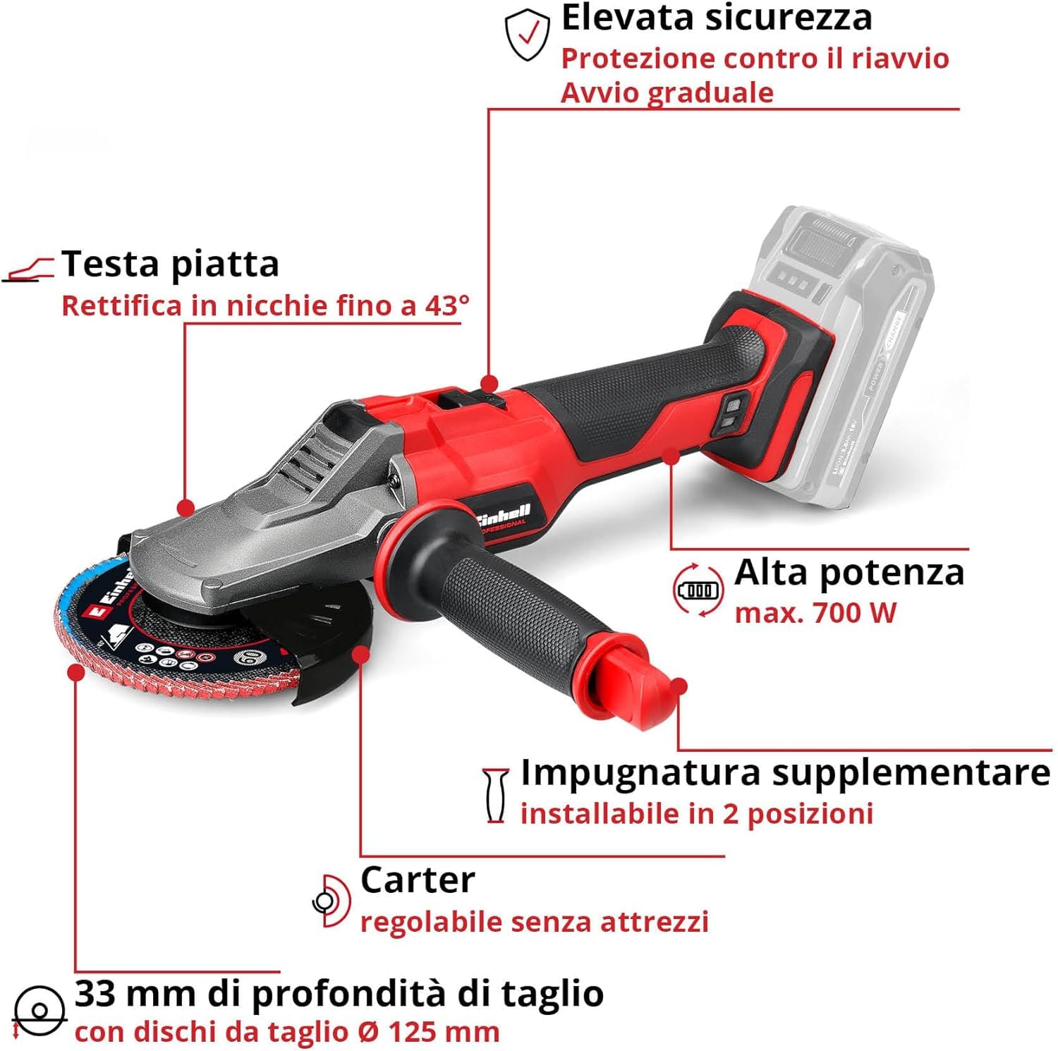 Smerigliatrice angolare a testa piatta Einhell Professional TP-AG 18/125 F Li BL-Solo Power X-Change (18 V, 700 W, disco Ø 125 mm, prof. 33 mm, brushless, incl. accessorio, batteria esclusa)
