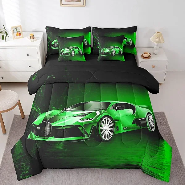Feelyou Sports Car 7 Piece Bedding Set Green Race Car Comforter Set with Sheets for Kids Boys Girls Extreme Sports Theme Bed in a Bag Cool Speed Luxury Car Decor Bed Set with 2 Pillowcases Queen