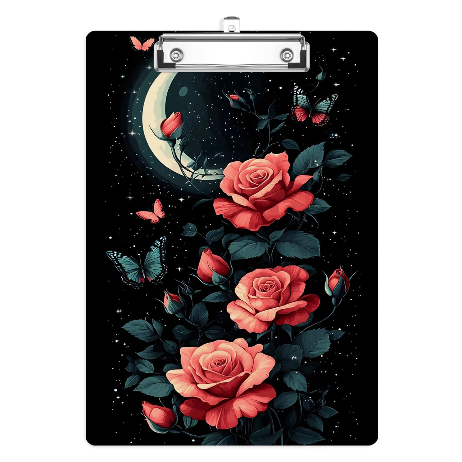 Moon Floral Flower Clipboard,Decorative Clip Board with Metal Clip Cute Plastic Clipboards A4 for Nurses, Students, Office（Standard Size 8.5" x 12.13"