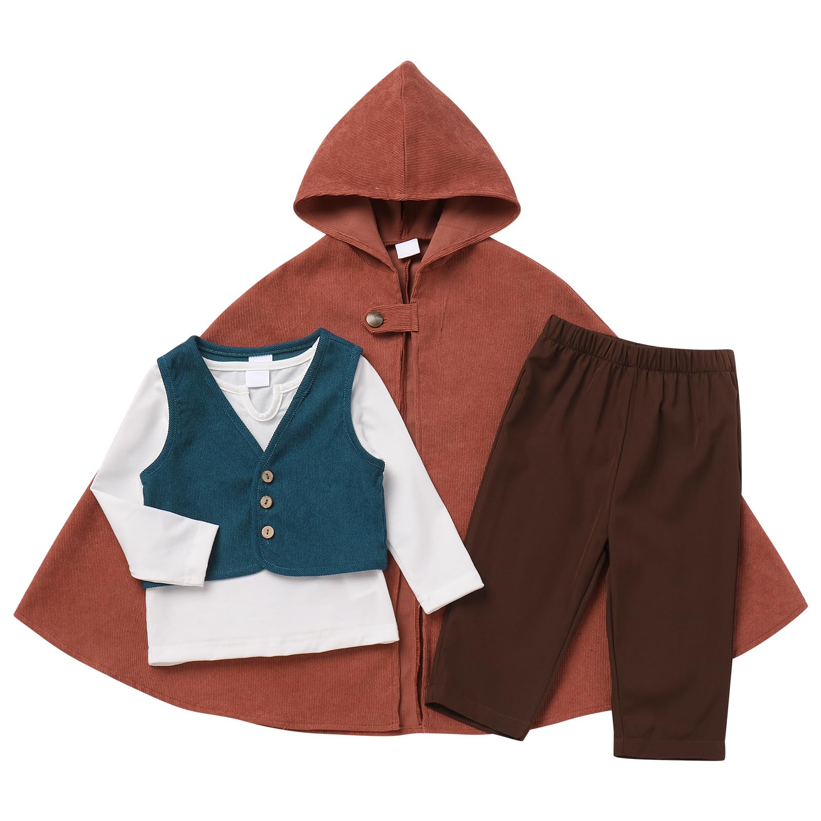 OBEEII Baby Boy Medieval Costume Cosplay Baby Suit Ring Bearer Outfit Halloween Costume Fantasy World Hooded Cloak Cape First Birthday with Top Vest Pants Cloak