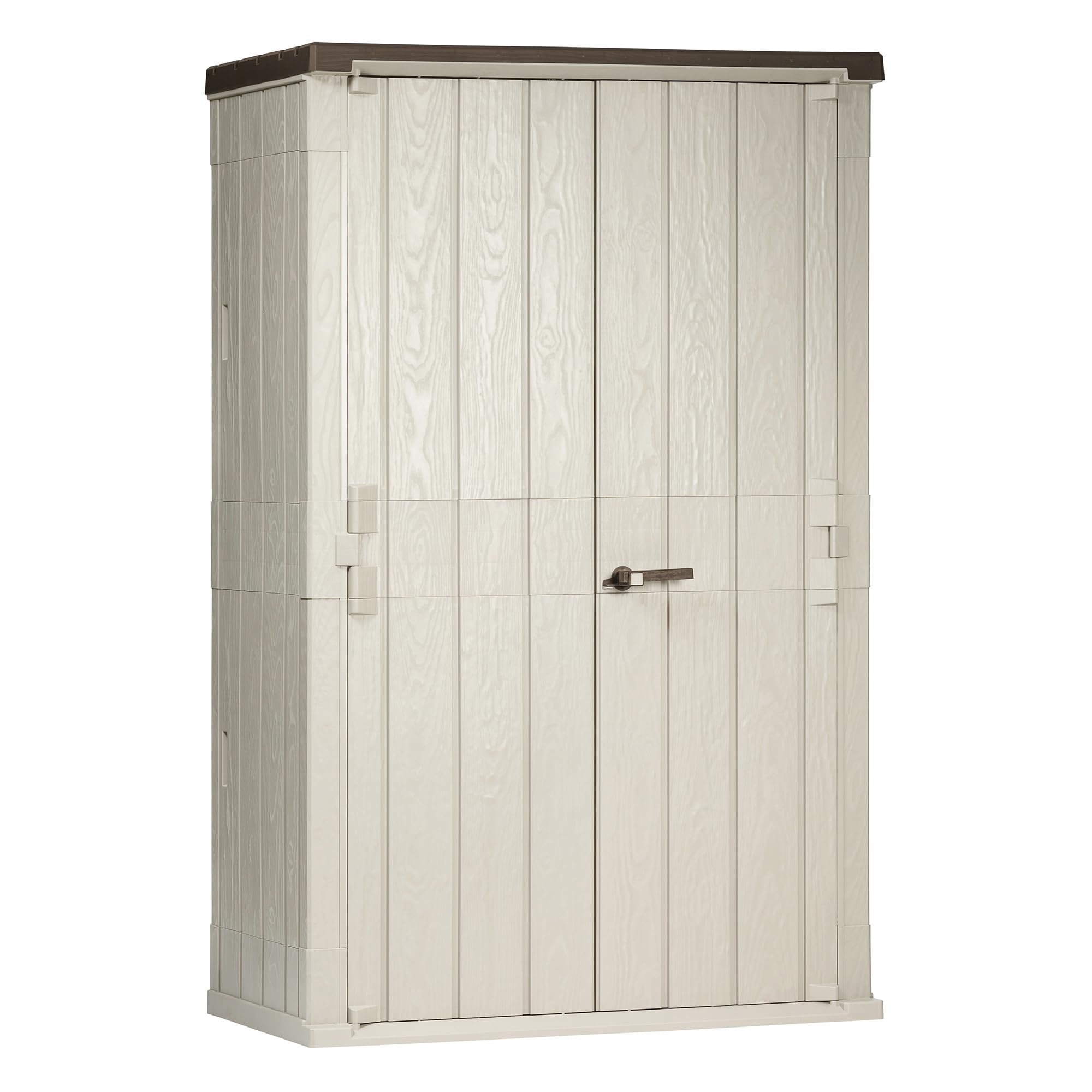 TOOMAX High Stora Way Capanno da 1670L, in plastica resistente effetto legno 130x75,6x206,2h cm, colore grigio talpa/marrone, baule portattrezzi con doppia anta e maniglione, ideale per il giardino