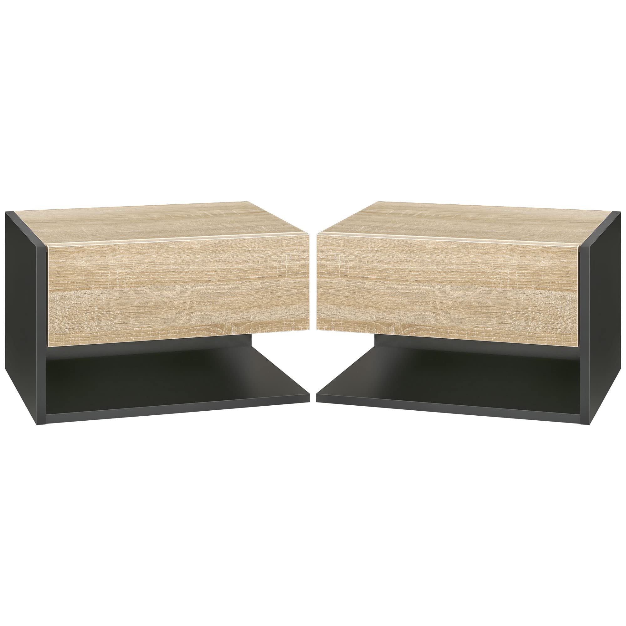 HOMCOM Juego de 2 Mesitas de Noche Flotantes Mesitas de Noche Colgantes con 1 Cajón y Estante Abierto para Dormitorio 46x30x30 cm Roble y Negro