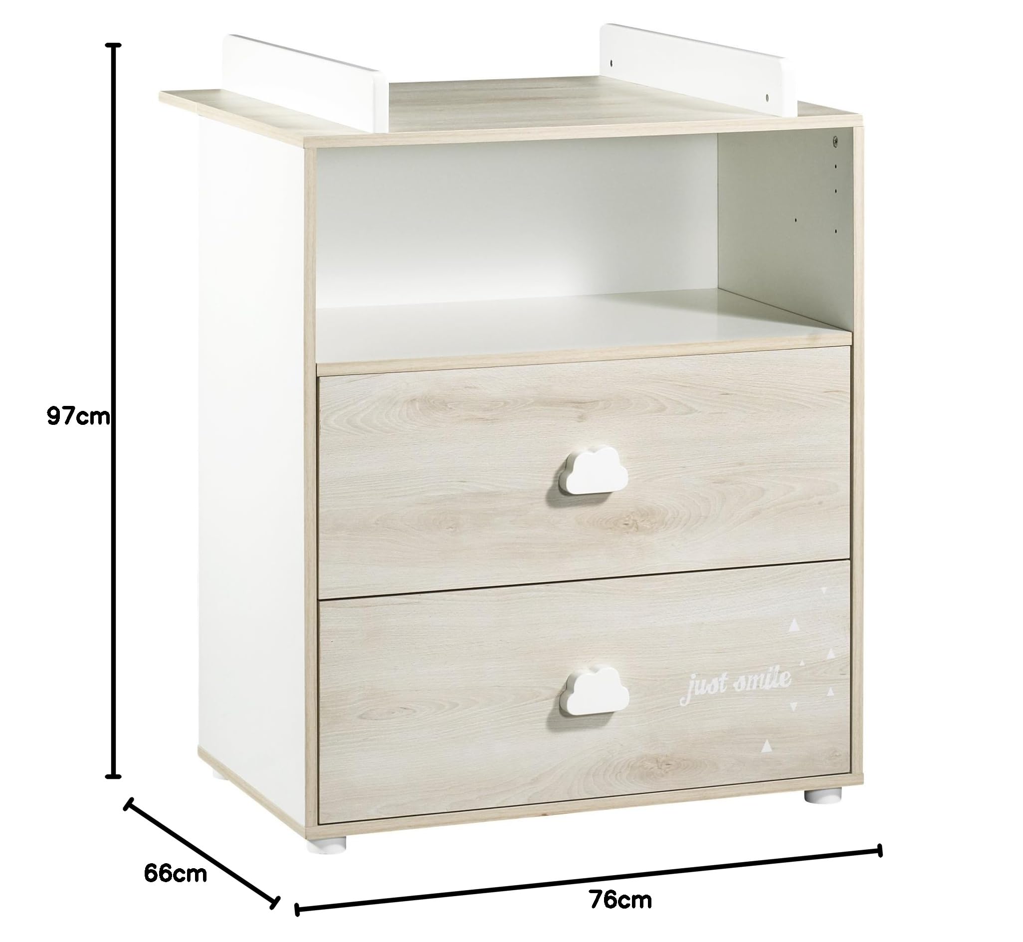 BABY PRICE Commode bébé | Commode 2 tiroirs et 1 Niche | Plan à Langer Inclus | Smile | 76 x 97 x 66cm | Fabriqué en France | Babyprice par Sauthon