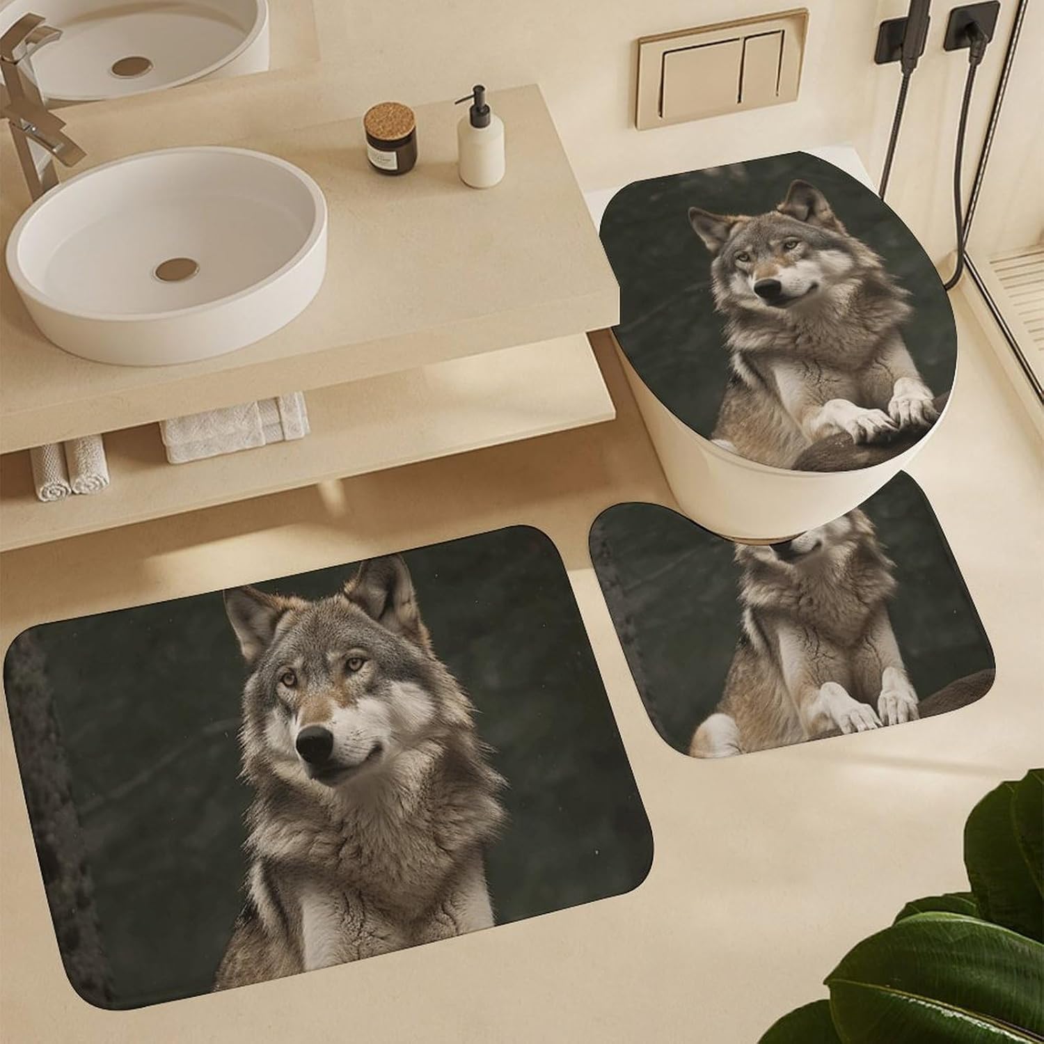 Gray Wolf Shower Curtain Set 4 Piece, Non-Slip Bath Mat with Toilet Lid Cover and Waterproof Shower Curtain with 12 Hooks, Complete Bathroom Set for Home Decor