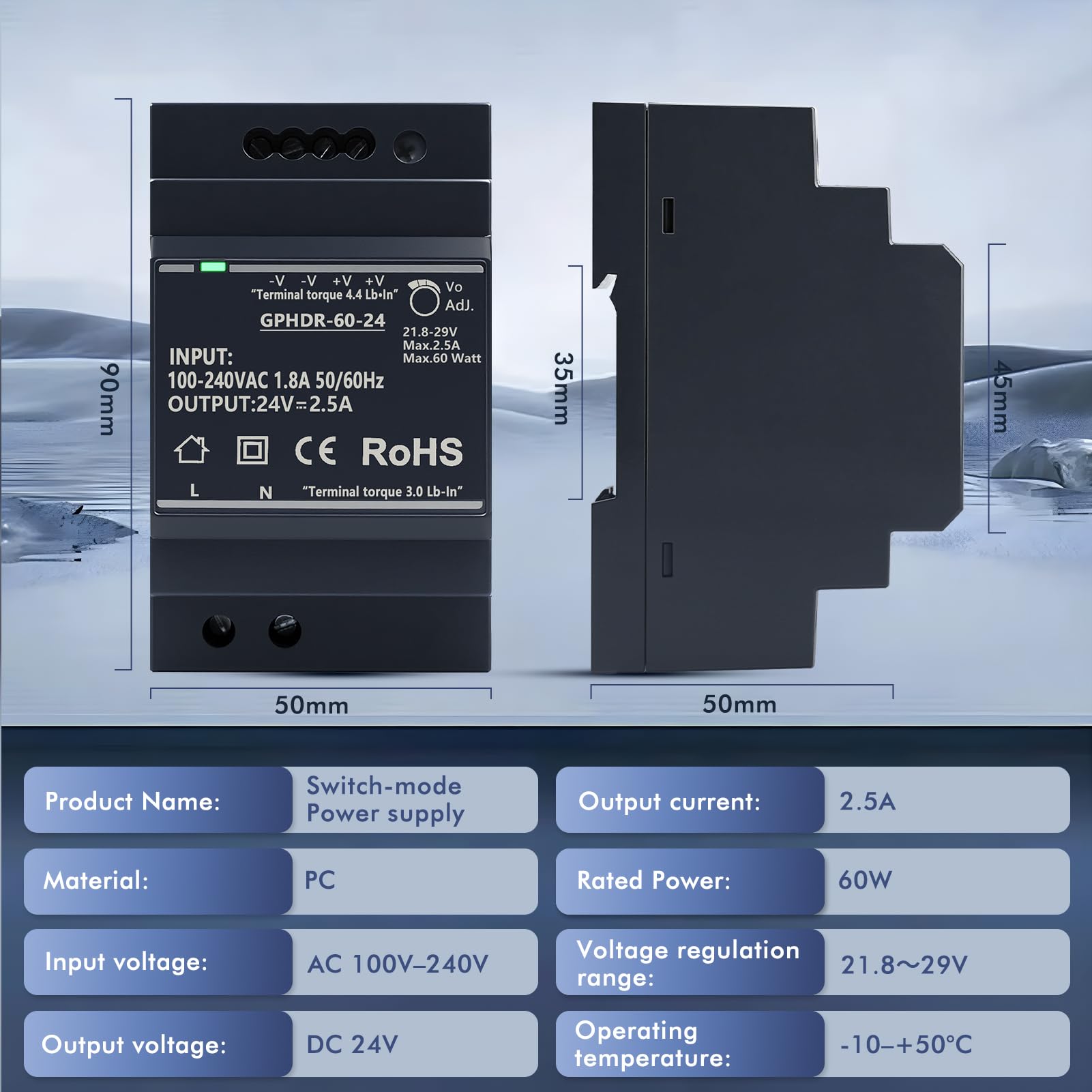 Fuente alimentacion 24v DIN 2.5A 60W hdr-60-24 din riel Entrada 100-240V CA, salida constante 24V CC/2.5 A con protección contra sobretensión sobrecarga sobrecorriente y cortocircuito.