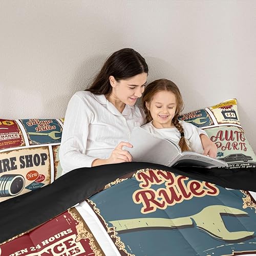 Miniatura 5 de Juego de edredón vintage para niños, edredón de plumón con patrón de automóvil, juego de ropa de cama de garaje de vehículos de reparación, tamaño