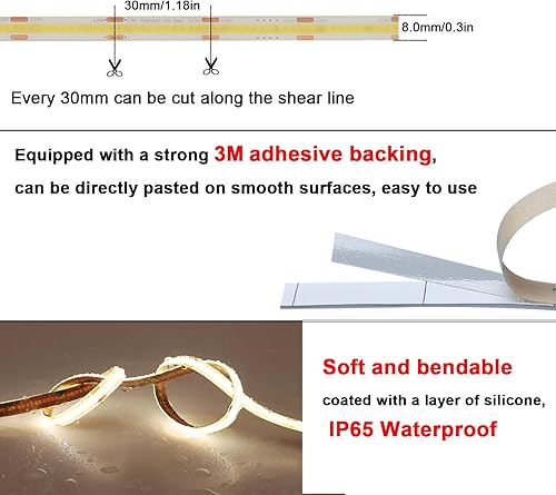 Miniatura 3 de TOPAI Tira de luz LED COB de 24 V, 4000 K, blanco natural, 32.8 pies, impermeable, IP65, súper brillante, 7000 lúmenes, CRI 93+, sin puntos, alta