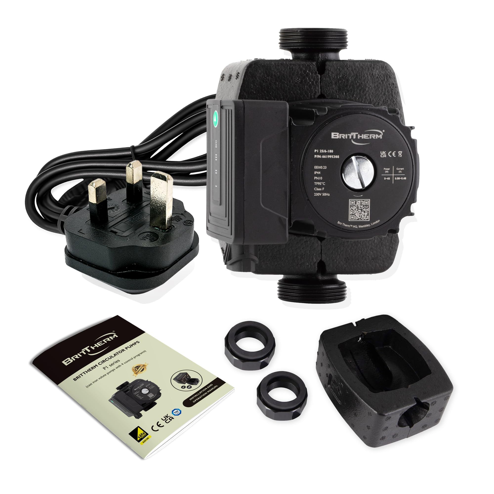 BritTherm P1 25/6-180 Central Heating Circulating Pump | 6m Head, 3.7 m3/h Max Flow, EEI <0.20 | Auto/Night Modes, 180mm Port-to-Port, 1 1/2" Connections