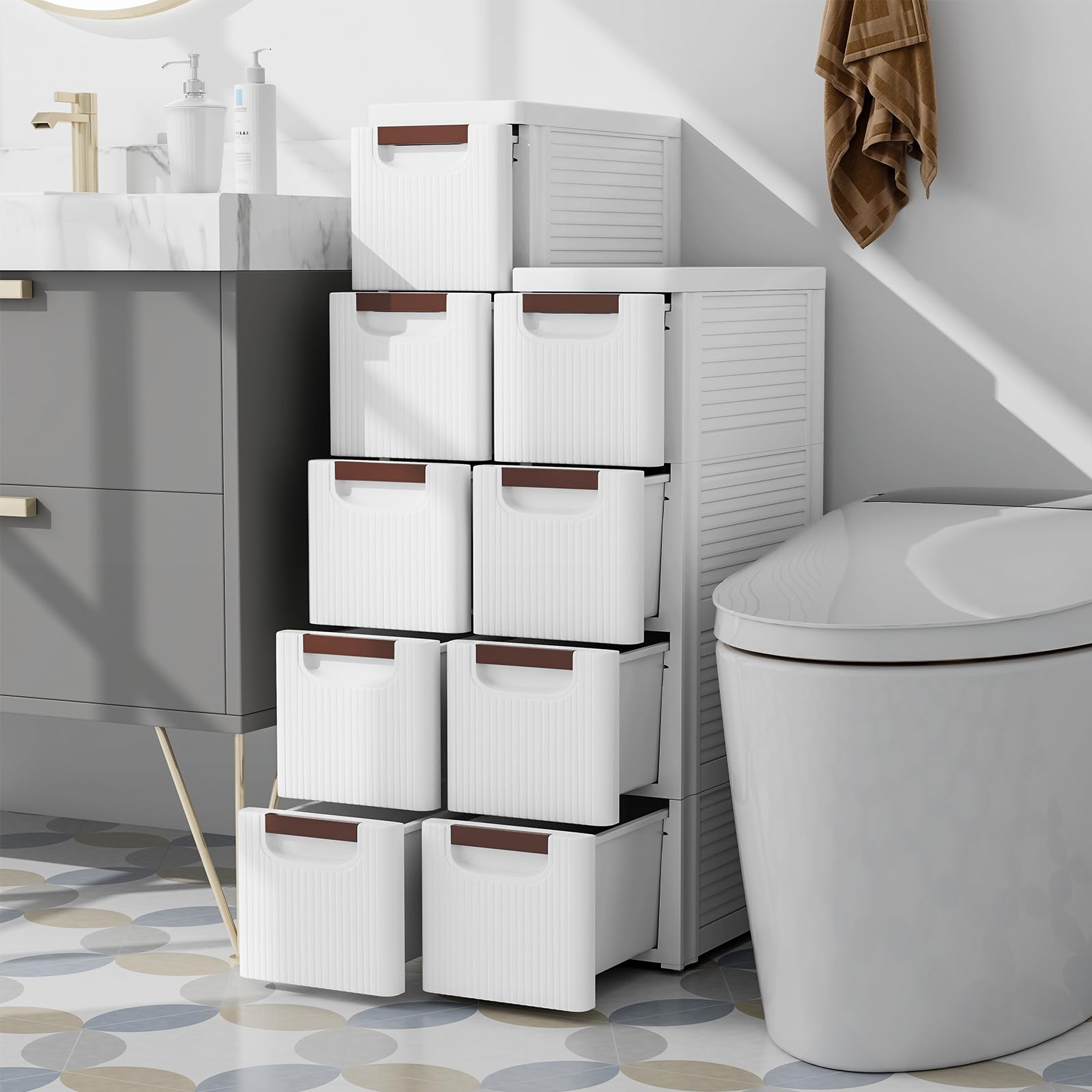 COSTWAY Nischenschrank schmal mit Rollen, Nischenregal 20cm breit, Nischenwagen mit 4 Schubladen, Badrollwagen für Bad, Klassenzimmer, Studio & Salon, Weiß, 42 x 19 x 74 cm