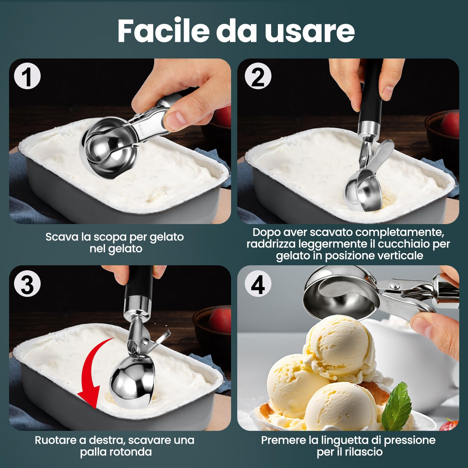 Porzionatore per Gelato in Acciaio Inox 21 cm - Cucchiaio per Gelato con Grilletto e Impugnatura Comoda, Antiadesivo