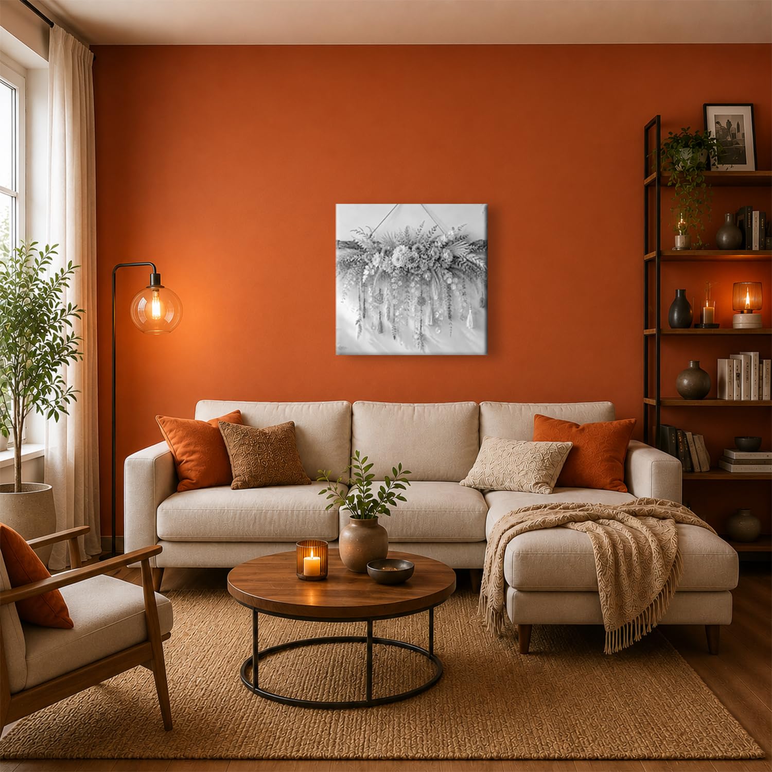 Leinwandbild Trockenblumen mit Hängedeko an Stab 70x70cm Schwarz&Weiß