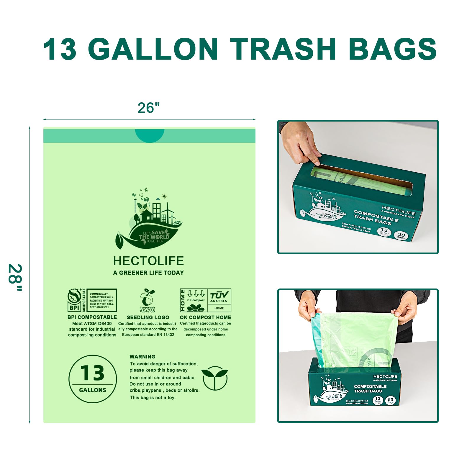 HECTOLIFE Bolsas de basura compostables de 13 galones, bolsa de residuos de comida de cocina, ASTM D6400, certificación US BPI y Europe OK Compost Home, 200 unidades