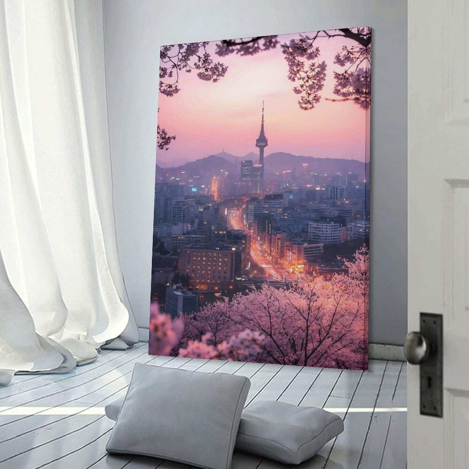 Junmoney Wall Art Print Seoul Cityscape with Cherry Blossoms(2), 20x30inch(50x75cm), for Study, Office Or Focused Interiors, Decorative Artwork for Productive Spaces