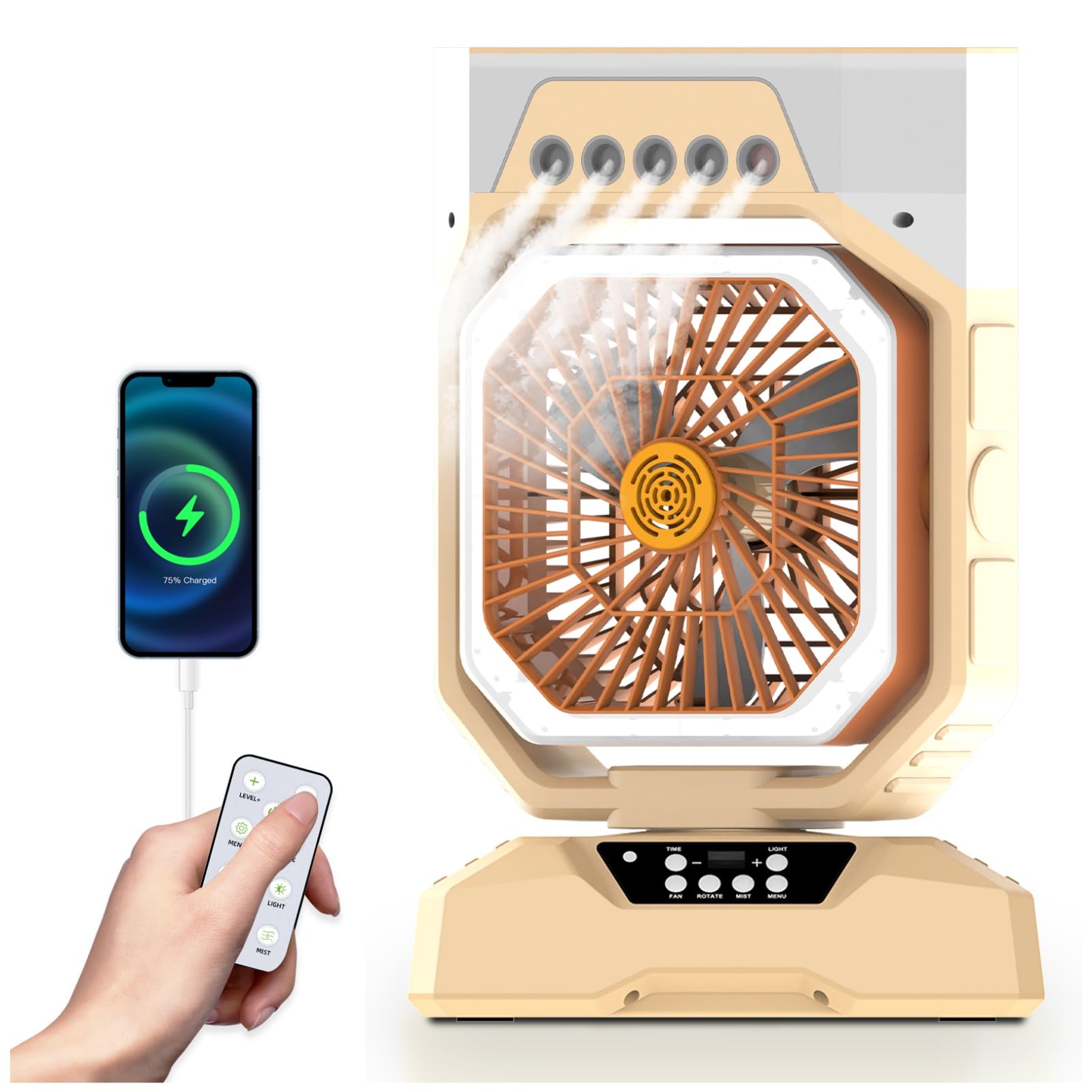 Weljoy Ventilatore nebulizzatore ricaricabile con luci LED, ventola di raffreddamento portatile con batteria da 27000 mAh, oscillazione a 90° e ricarica mobile per campeggio all'aperto (Biege)