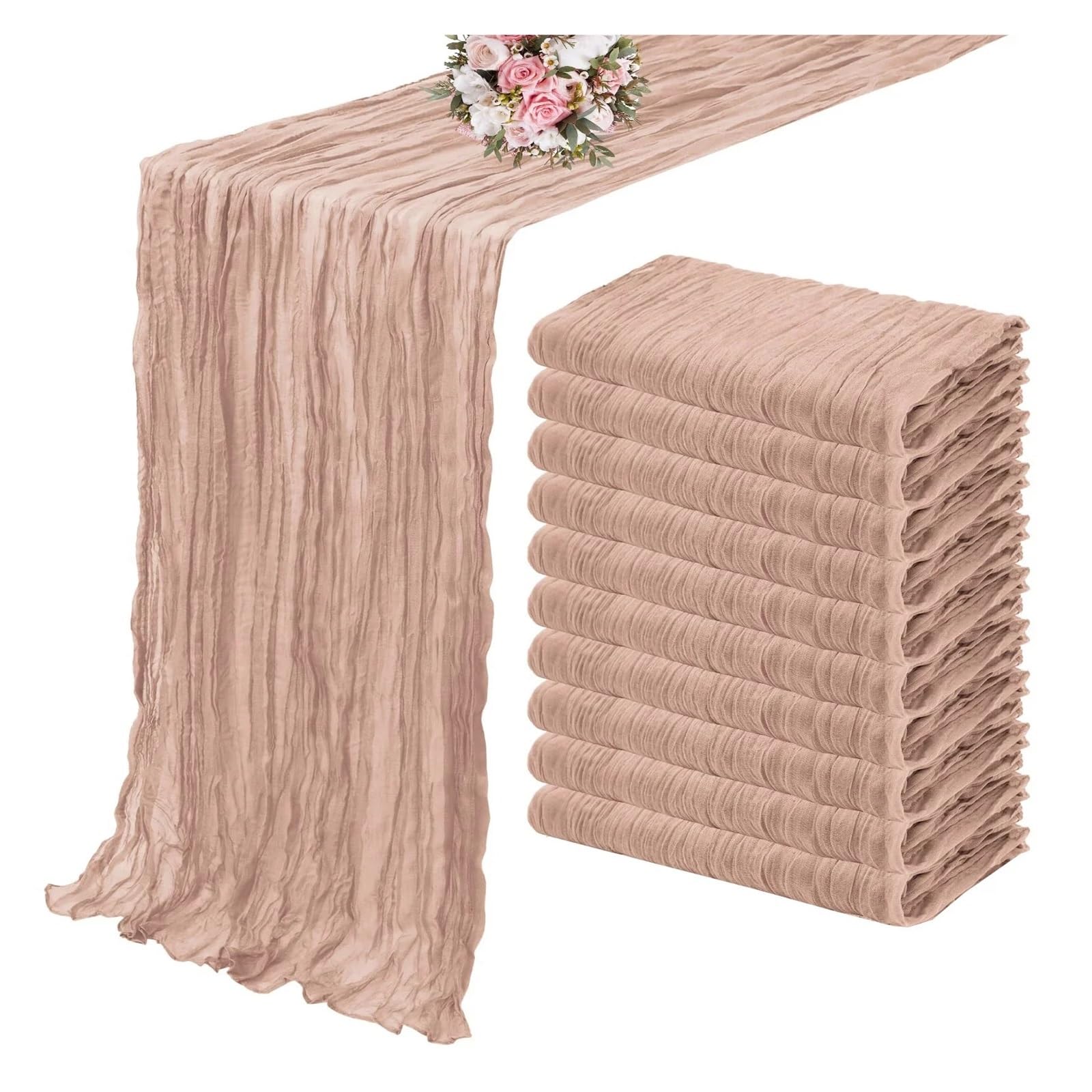 Chiffon Table Runner 10PCS Green Gauze Table Runner Setting Dining Wedding Party Banquets(10Pcs Beige,90X400cm)