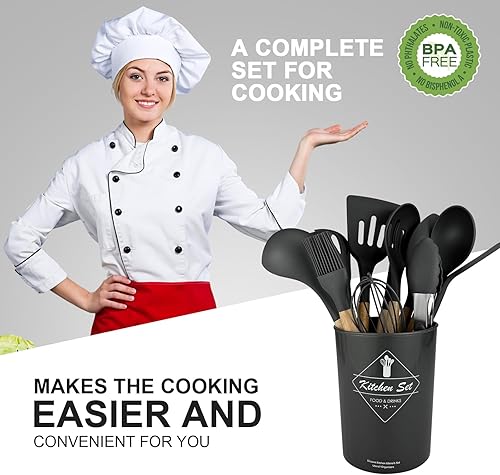 Miniatura 7 de Juego de 12 utensilios de cocina de silicona con soporte, espátula de silicona resistente al calor, cucharas de madera, utensilios de cocina,