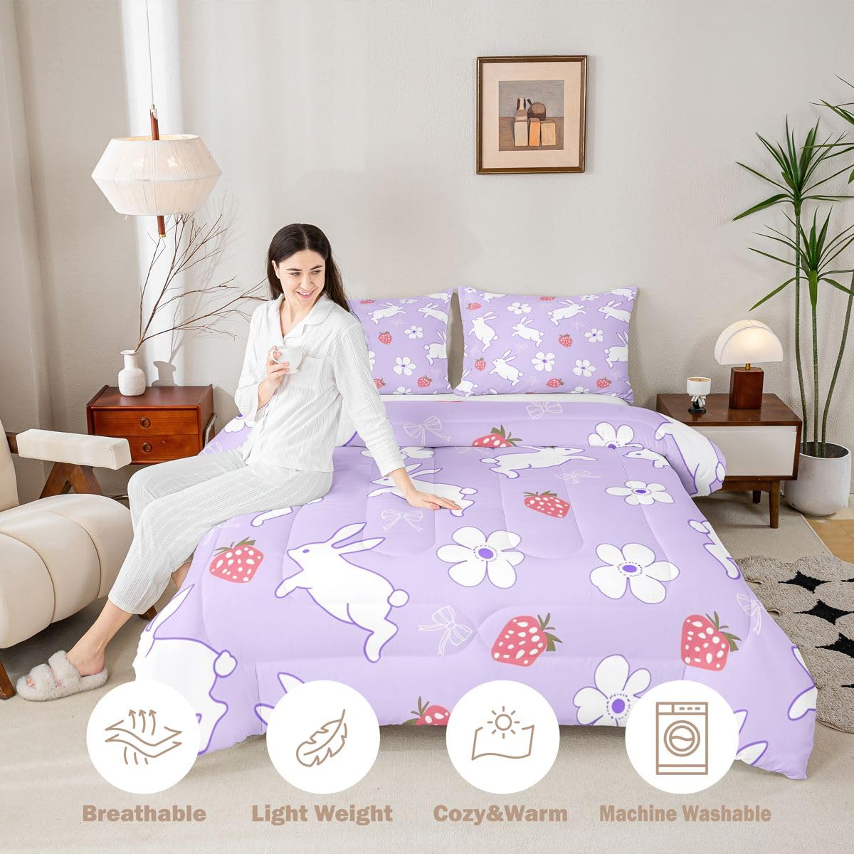 Homewish Uroczy królik zestaw pościeli King - księżniczka kokarda zestaw pościeli dla dzieci nastolatków truskawkowy kwiatowy zestaw kołdry - fantastyczna estetyczna kołdra bez pokrowca