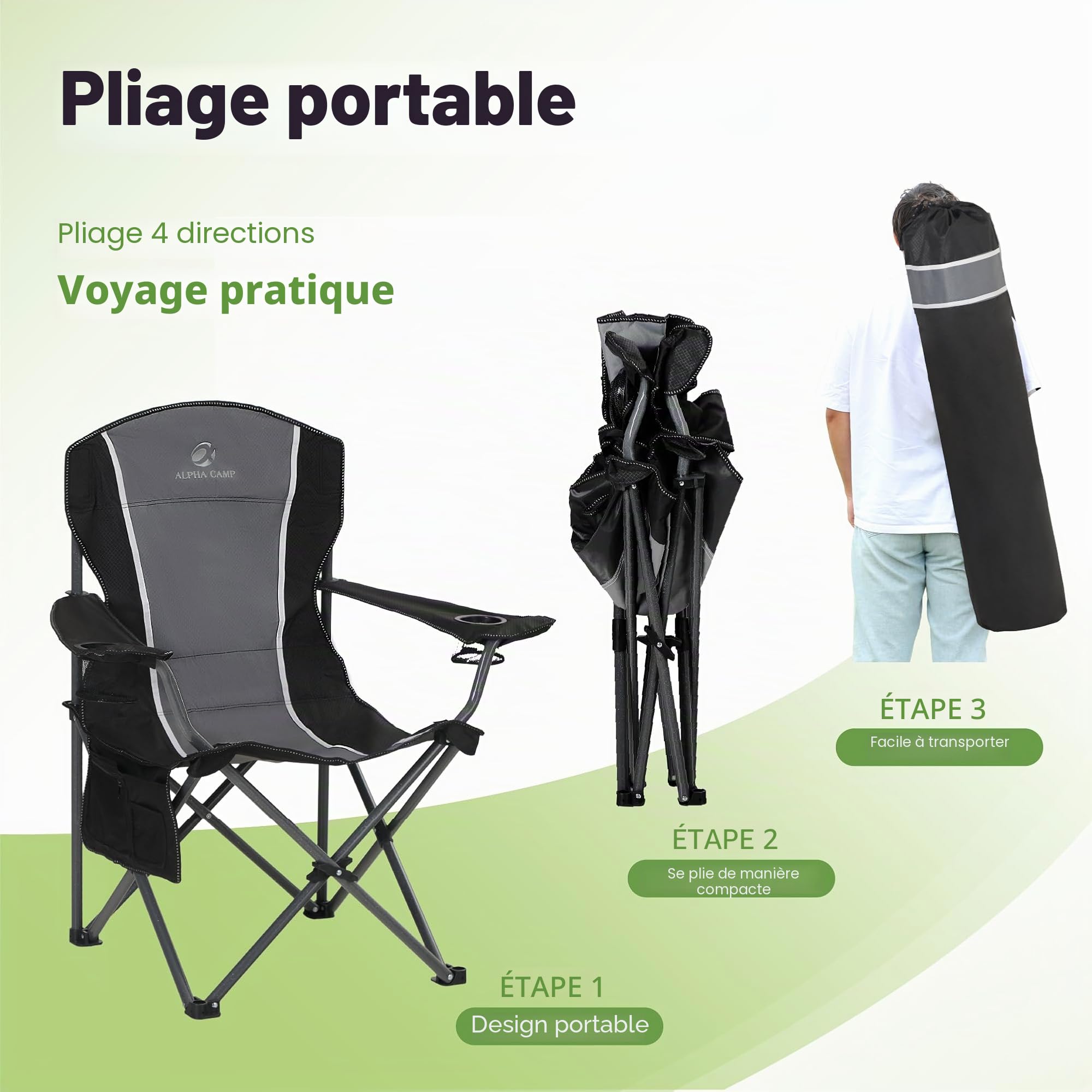 LET'S CAMP Chaise de Camping Pliable avec Porte-gobelets, Sacs de Rangement, Sac de Transport en Acier jusqu'à 160 kg, pour Le Camping, Les Voyages