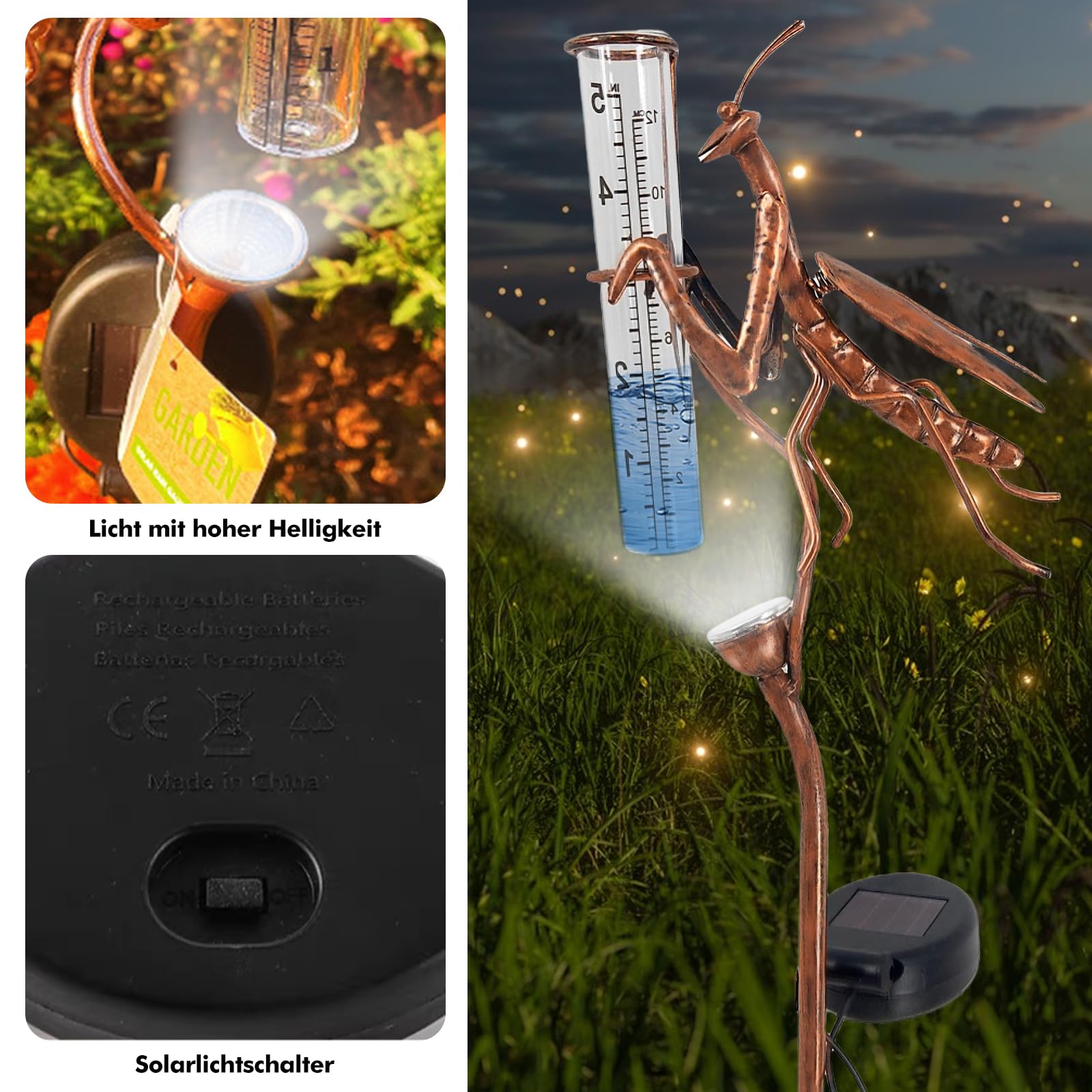 HOSPAOP Pluviomètre Solaire de Jardin avec LED et Piquet – Verre Résistant au Gel, Mesure Précise des Précipitations pour Pelouse, Terrasse, Champs, Patio, Déco Extérieure