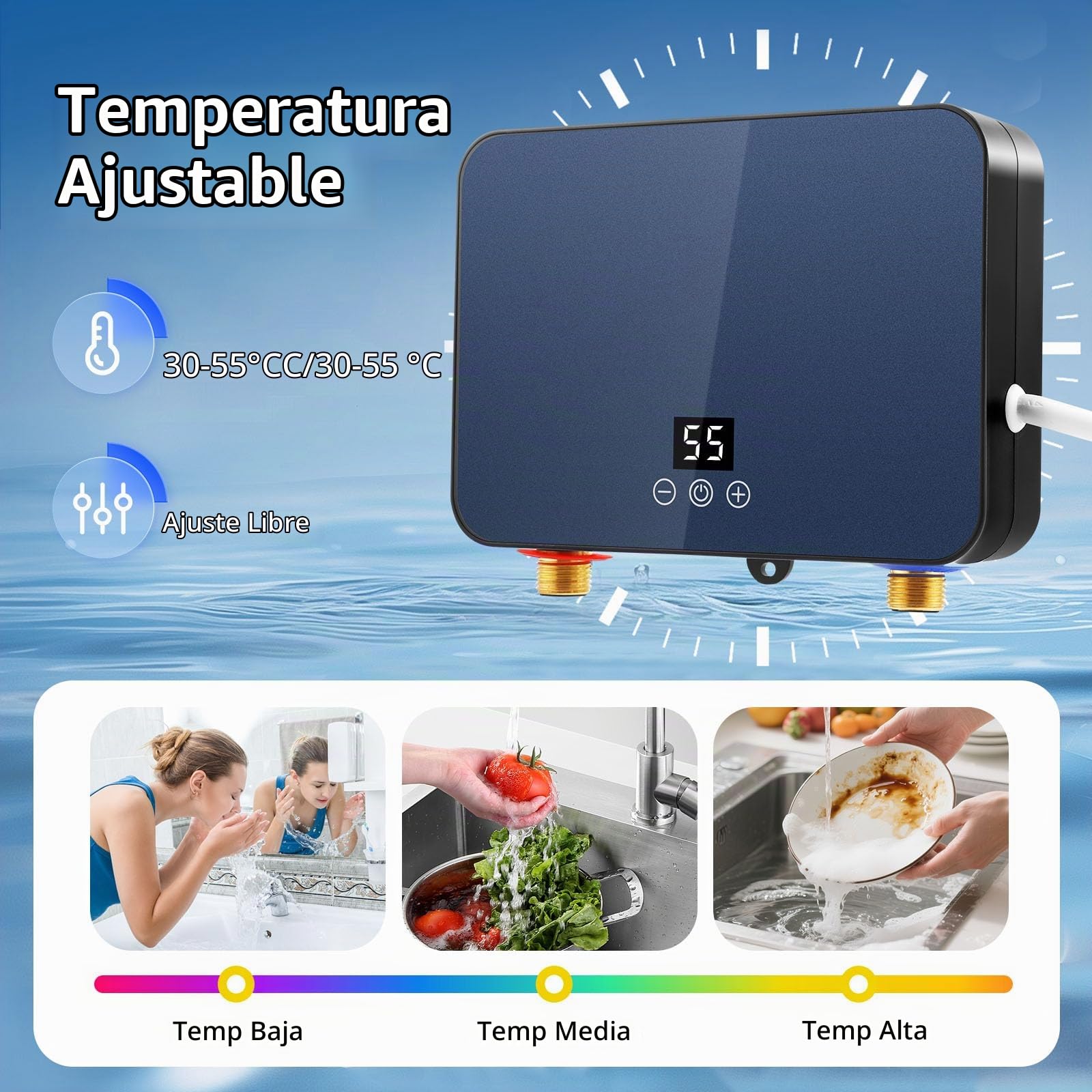 Calentador de Agua Eléctrico Instantáneo 6 kW 220 V Mini con Alcachofa de Ducha, Sistema de Agua Caliente sin Tanque para Baño, Cocina, Jardín, con Display LED de Temperatura Legible