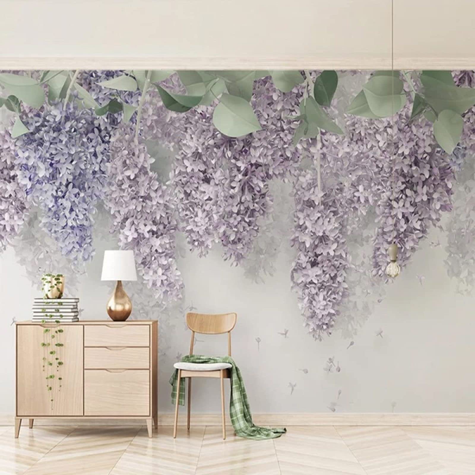 Papier peint fleurs violettes pour decoration murale de salon chaleureux