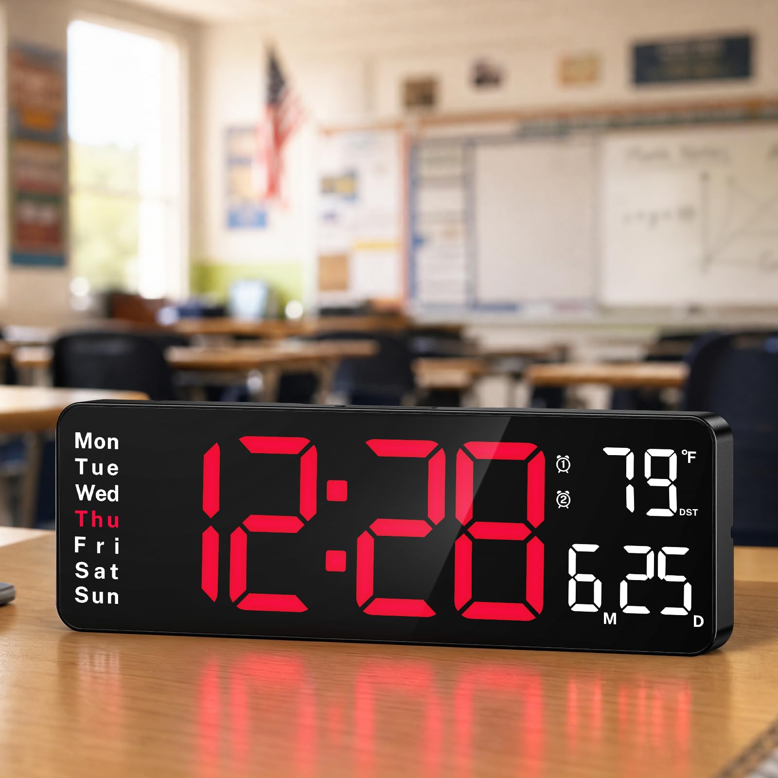 Digital Wall Clock for Classroom, 13" Digital Clock Large Display | Big Led Wall Clocks with Remote Control,Date,Week,Alarm,Temp &DST for Bedroom,Living Room,Gym,Office-image-10