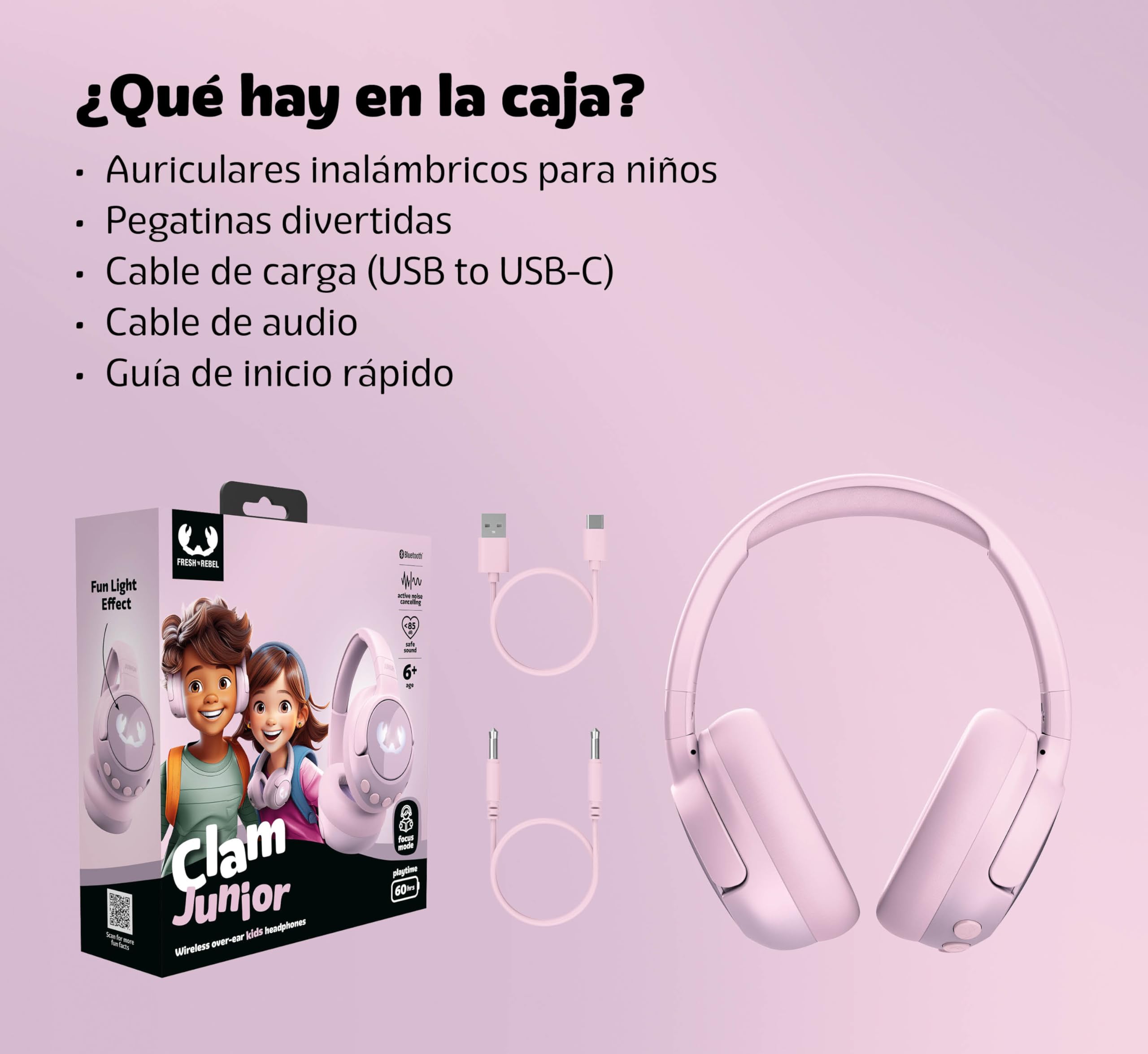 Fresh 'n Rebel Clam Junior, Auriculares Bluetooth para Niños con Cancelación Activa del Ruido, Sonido Seguro (<85dB), con Cable de Audio y Pegatinas, Efecto de LED. 60h de reproducción (Dizzy Donut)